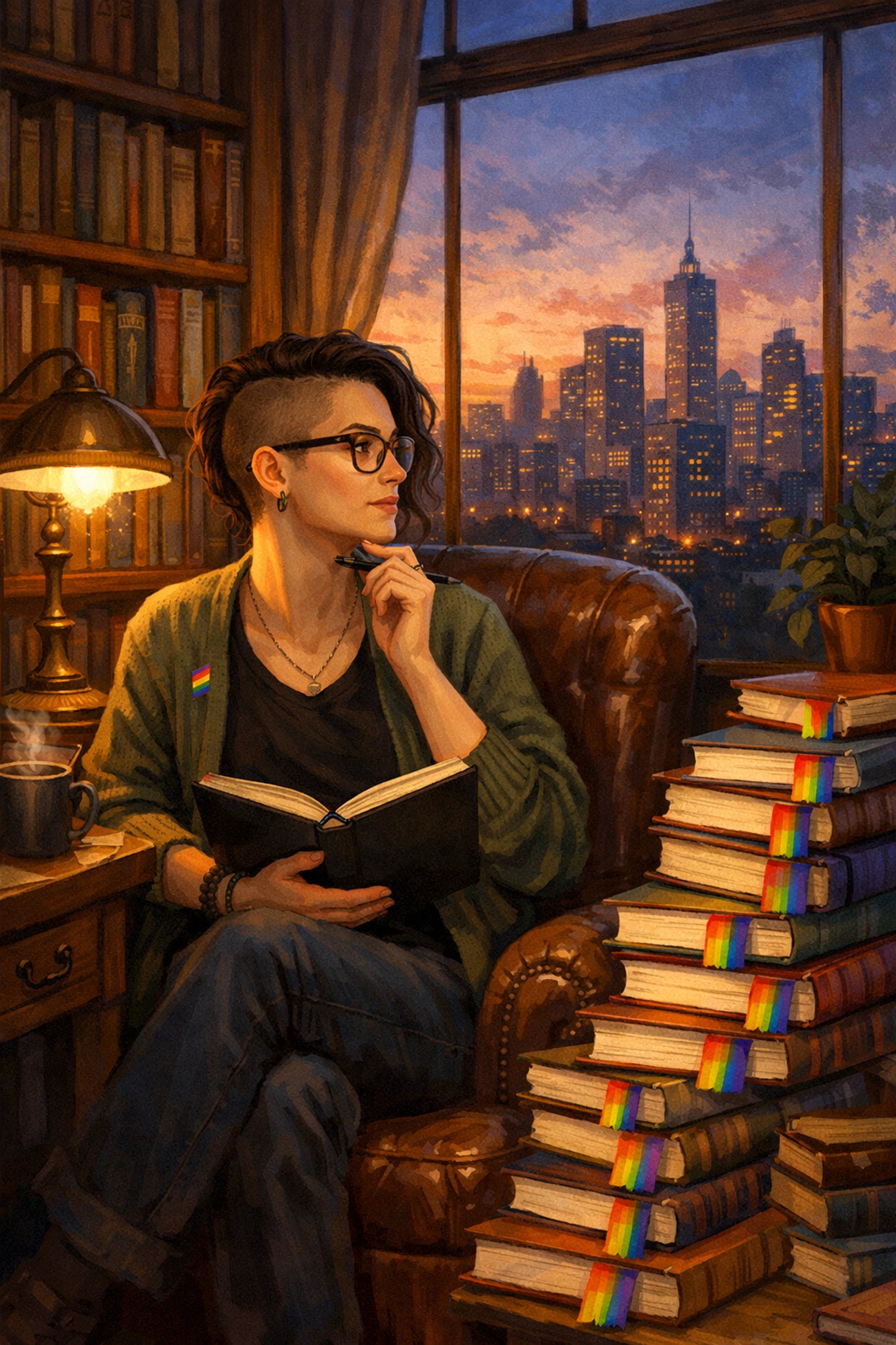 Queer woman studying in a library, representing continuous education and professional development for LGBTQ+ leaders.