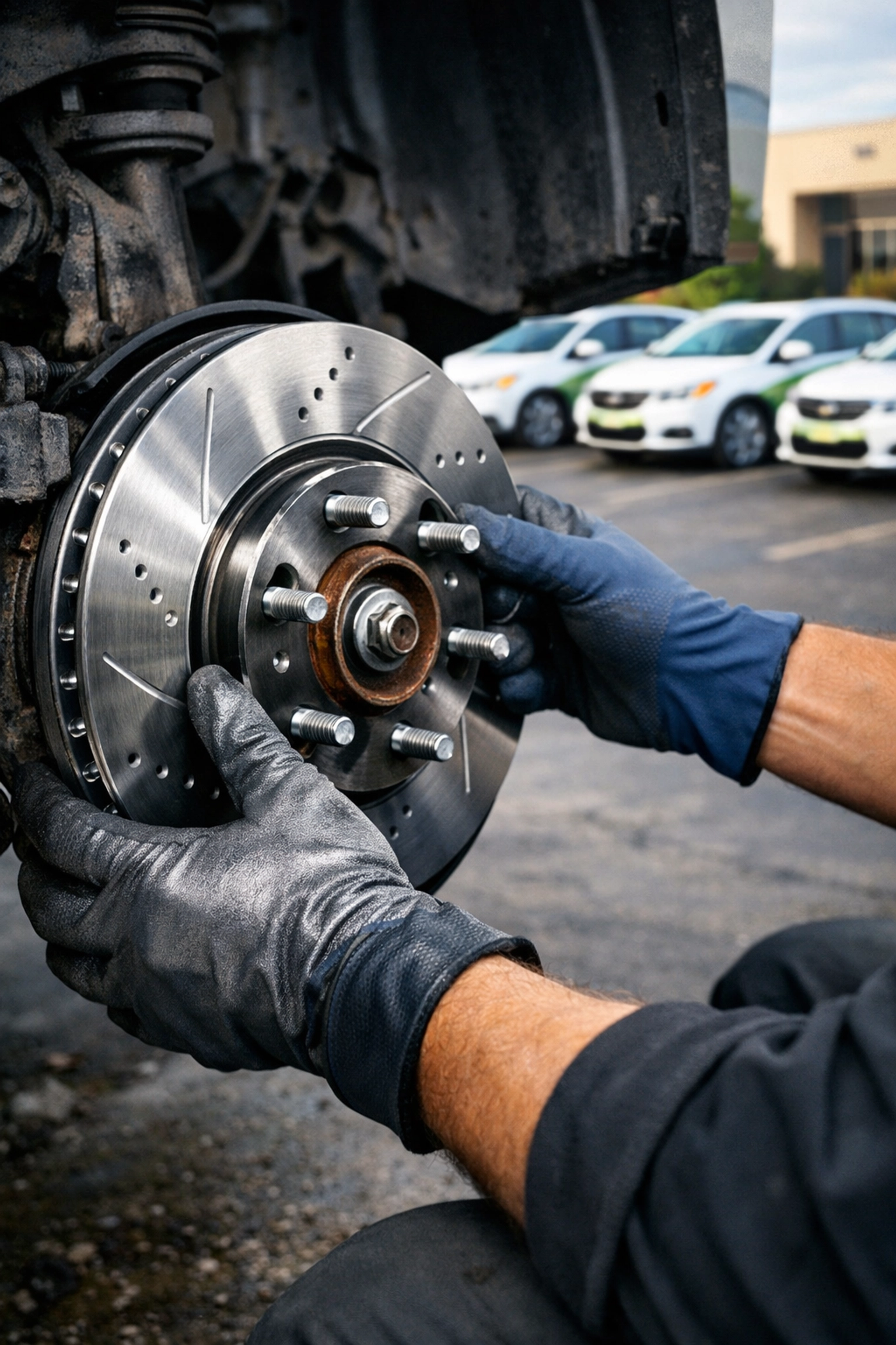Expert technician performing mobile brake services on a fleet of vehicles in a Green Bay parking lot.