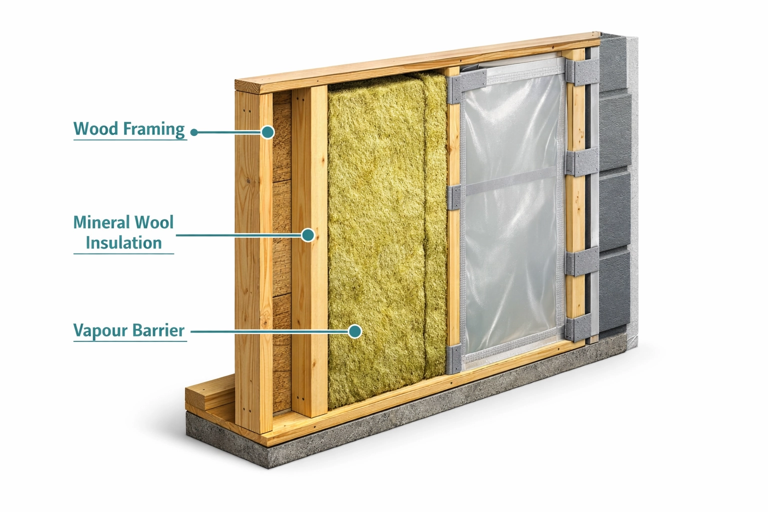 Cross-section of a high-performance wall assembly with mineral wool insulation and a secure vapour barrier.