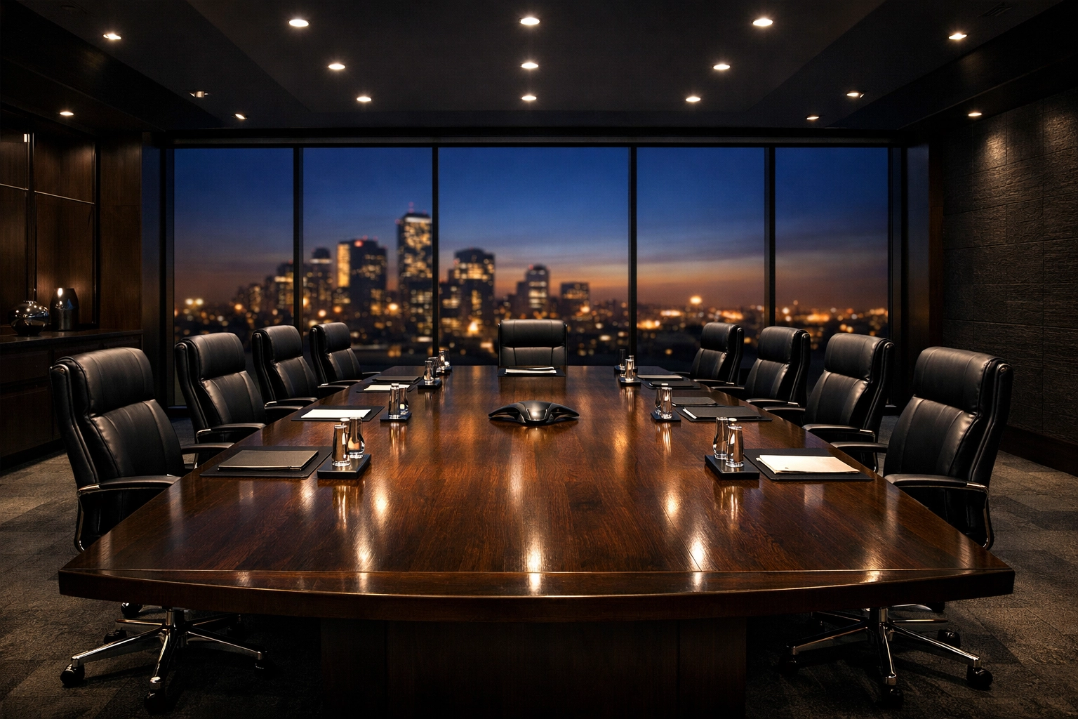 Modern executive boardroom with a large oak table and glass walls from a professional office fit out.