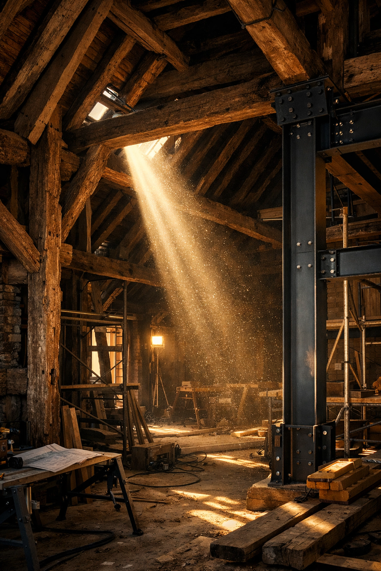 Structural restoration of a historic timber-framed building during a professional Chichester renovation.