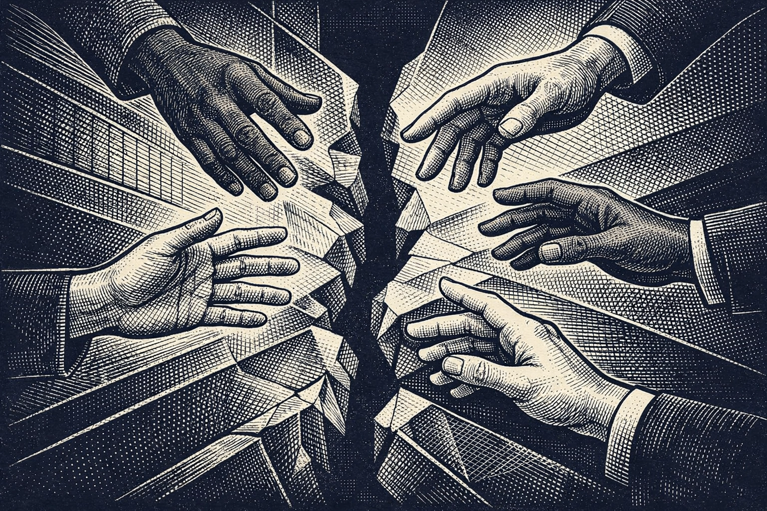 Diverse hands reaching toward each other representing unity amid division