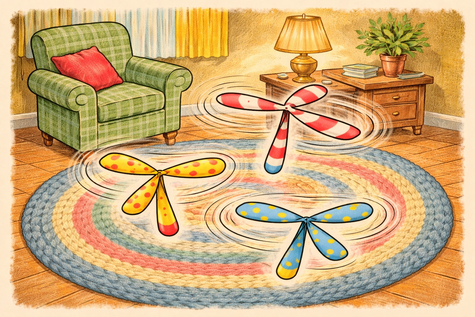 Three decorated paper helicopter spinners twirling through the air in a vintage living room, showing the spinning effect
