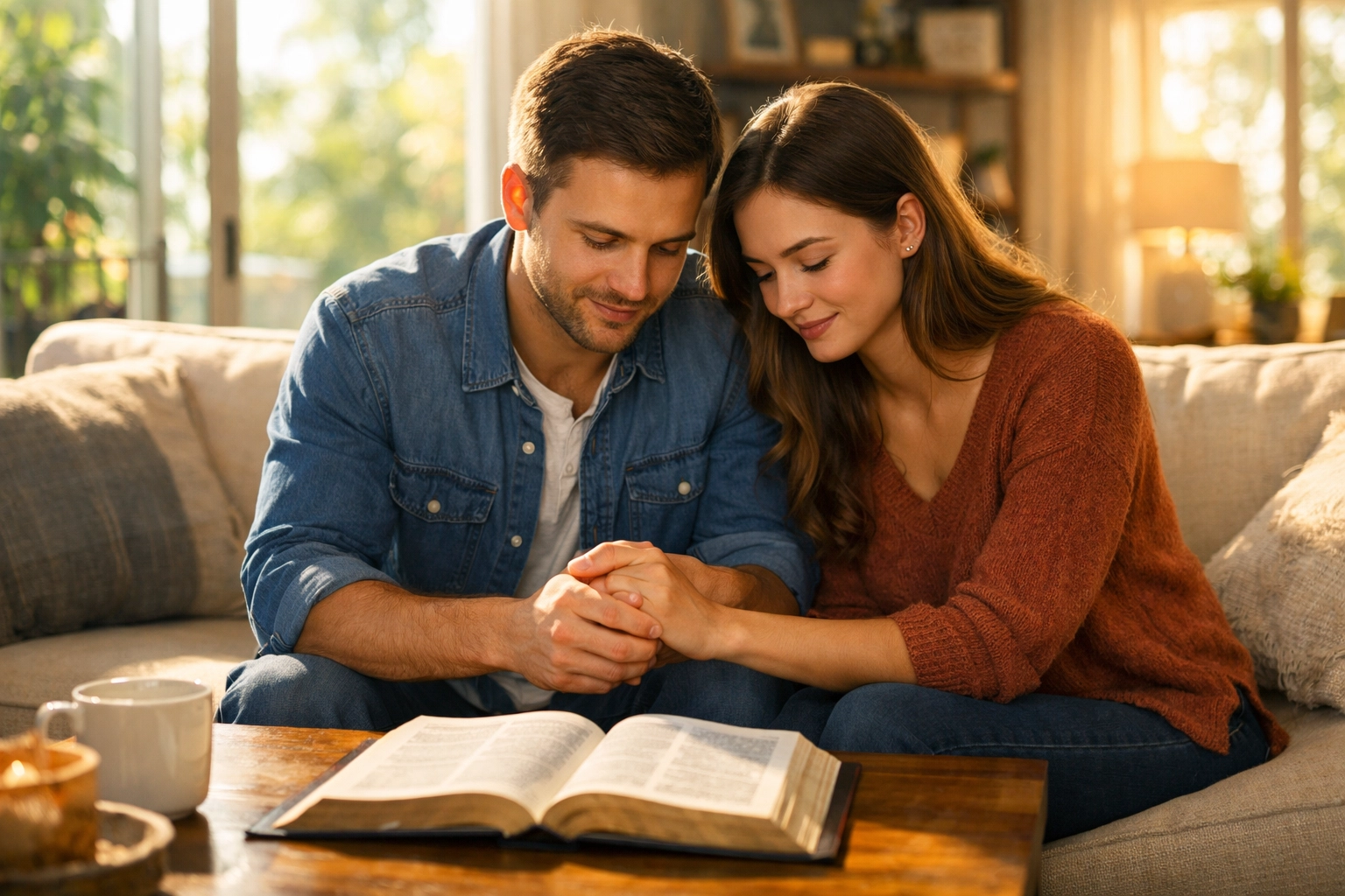 Christian couple reading the Bible together in a bright living room, finding spiritual strength.