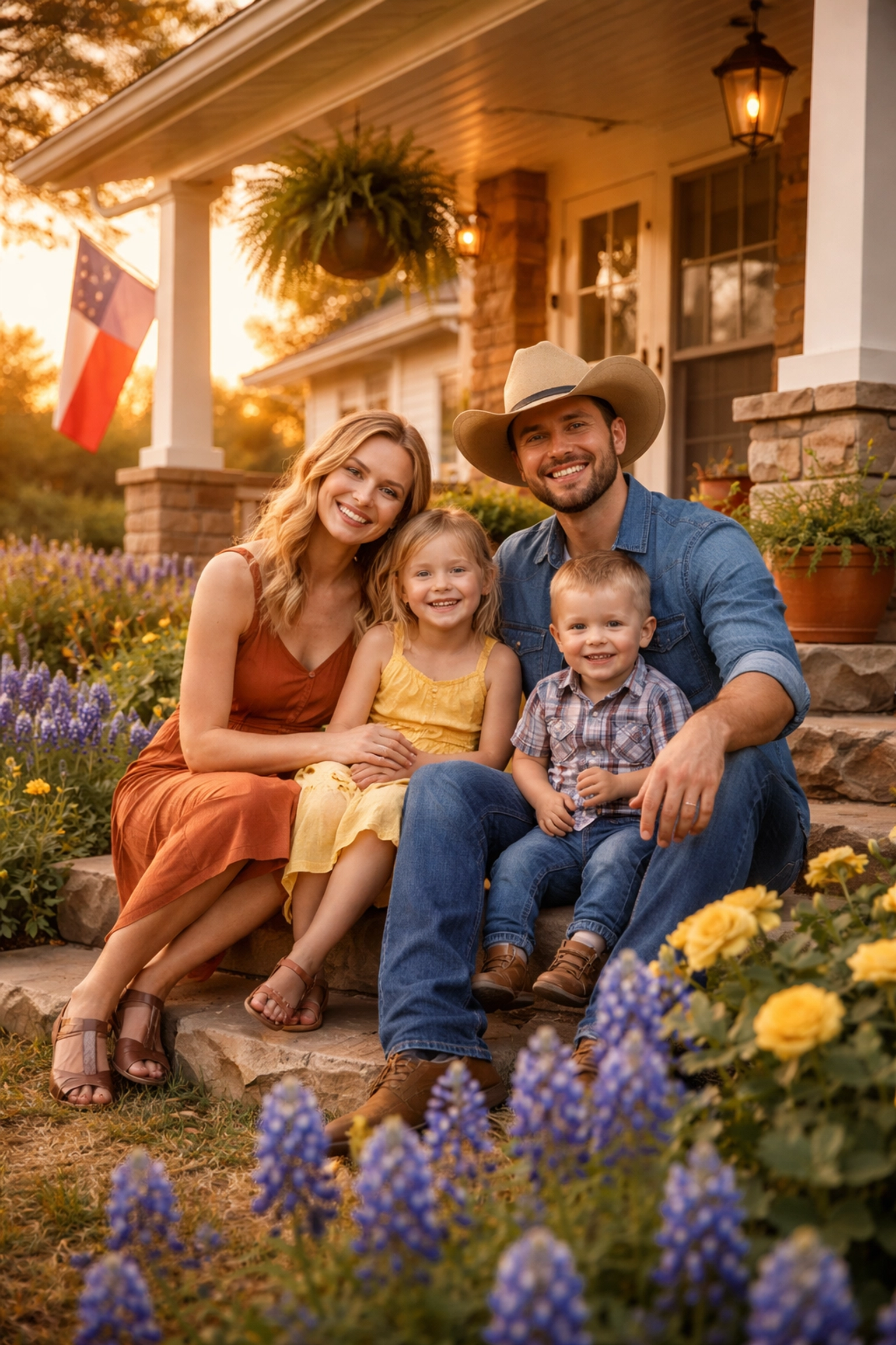 Fort Worth family on porch at sunset, symbolizing life insurance peace of mind and Texas home security