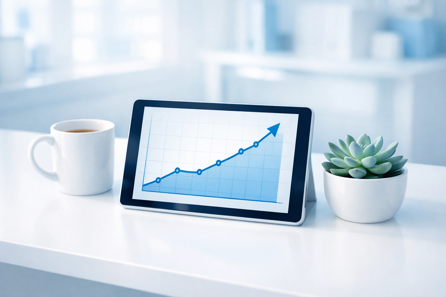 Professional bookkeeping desk setup with a growth chart tablet for small businesses in Austin, MN and SE Minnesota.