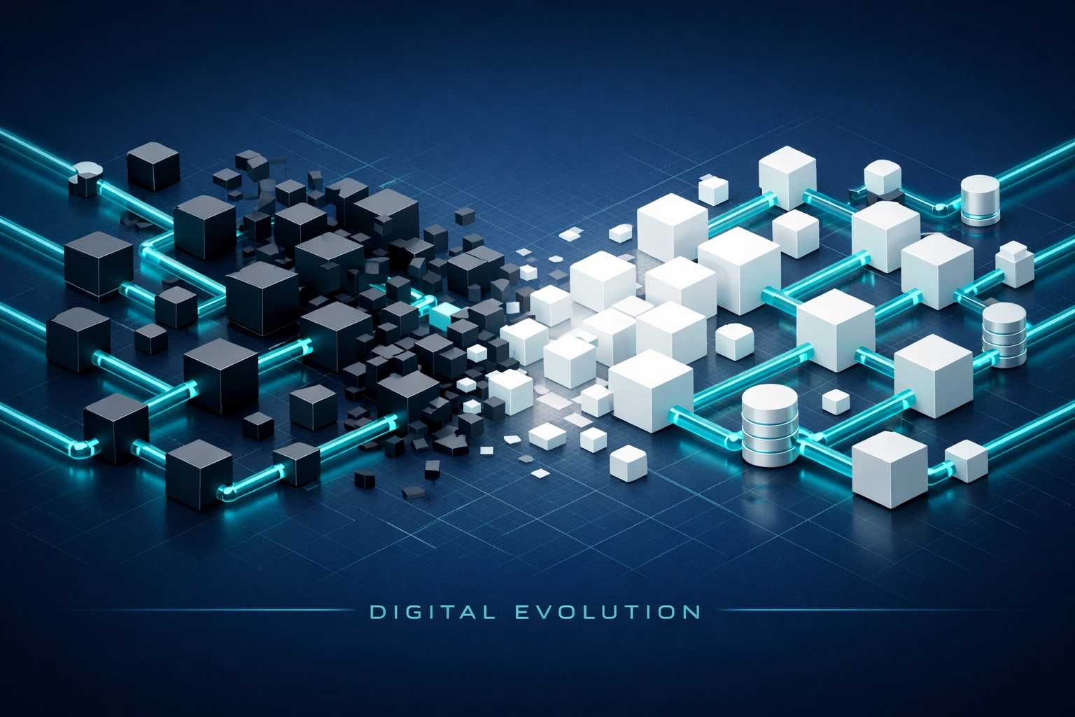 Architectural diagram of a microservices grid representing digital evolution and software transformation.