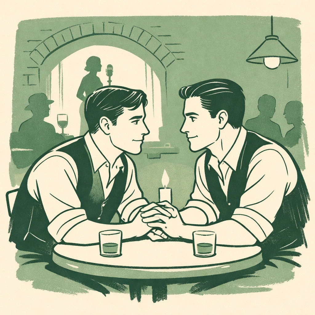 Illustration of a gay couple holding hands in an early 20th-century Soho underground club.