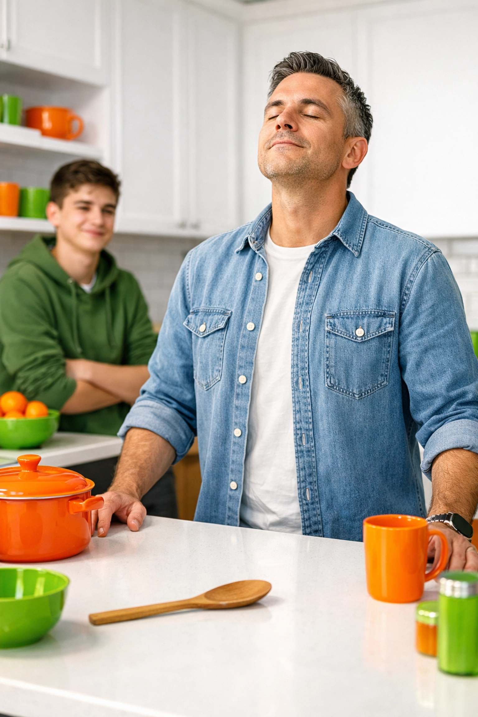 A dad practicing calm self-regulation in the kitchen, teaching his child emotional management skills.
