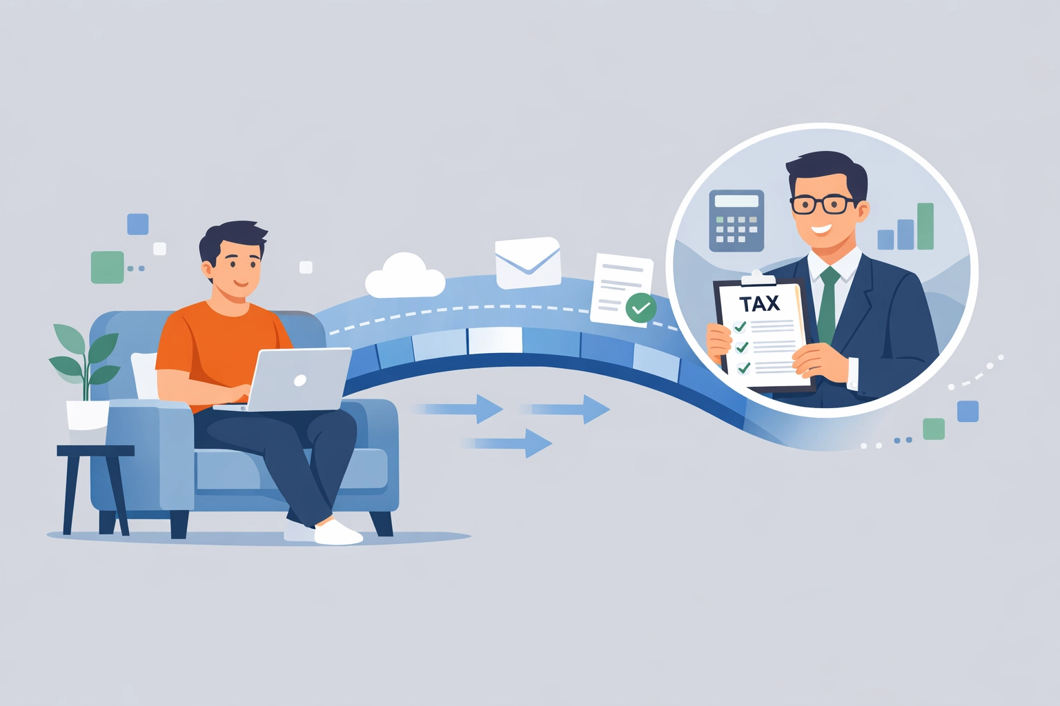 Illustration showing a remote taxpayer connecting with a virtual tax pro for expert oversight.