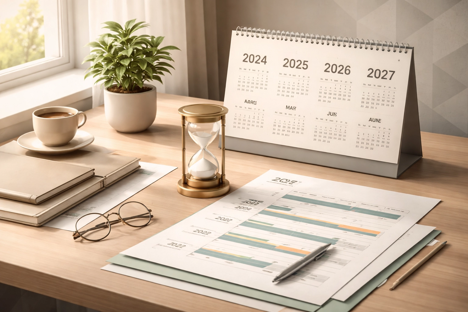 Organized workspace with calendar and planning documents symbolizing early succession planning for business owners