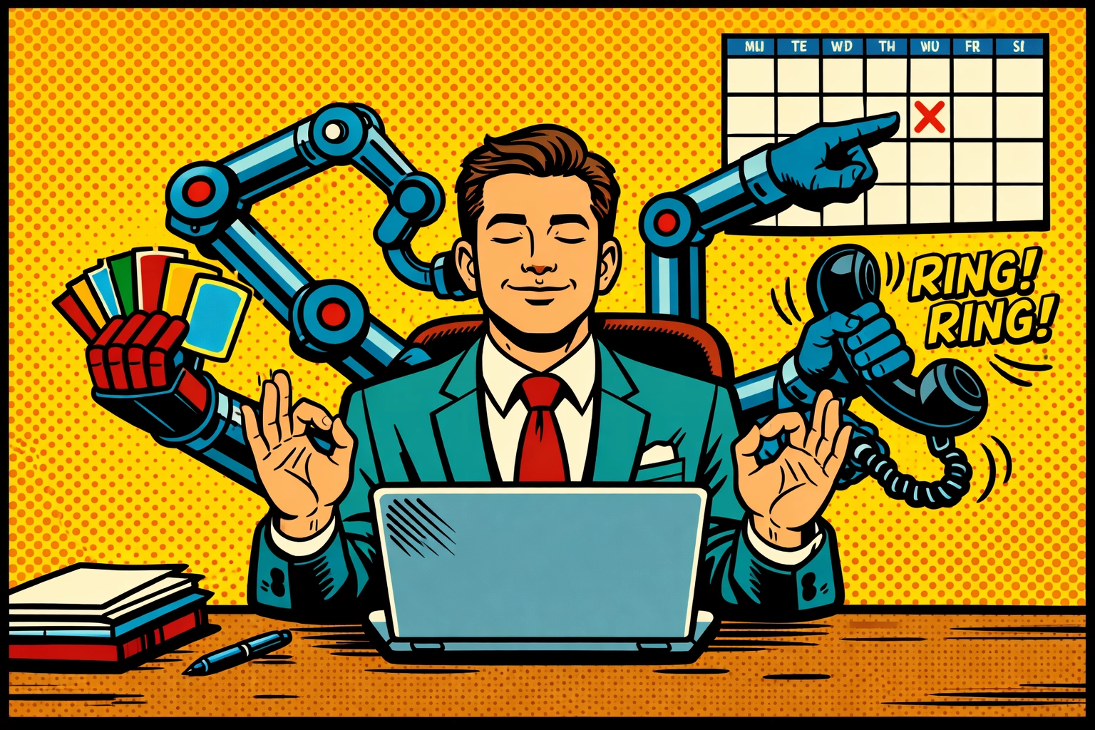 Solopreneur at desk with automated arms managing business tasks, illustrating workflow automation for small business.