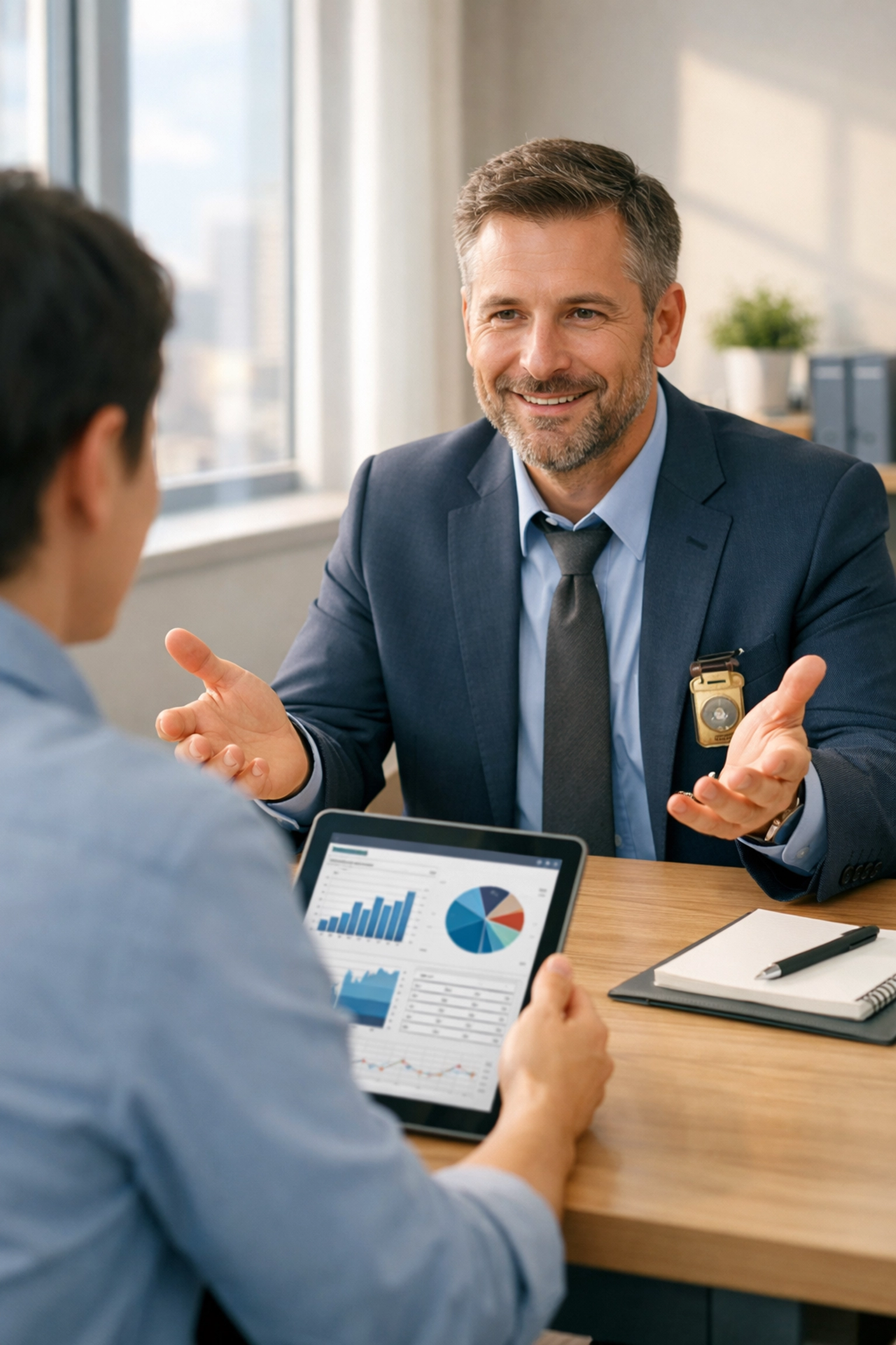 Professional investigator consulting with client about online dating background check services