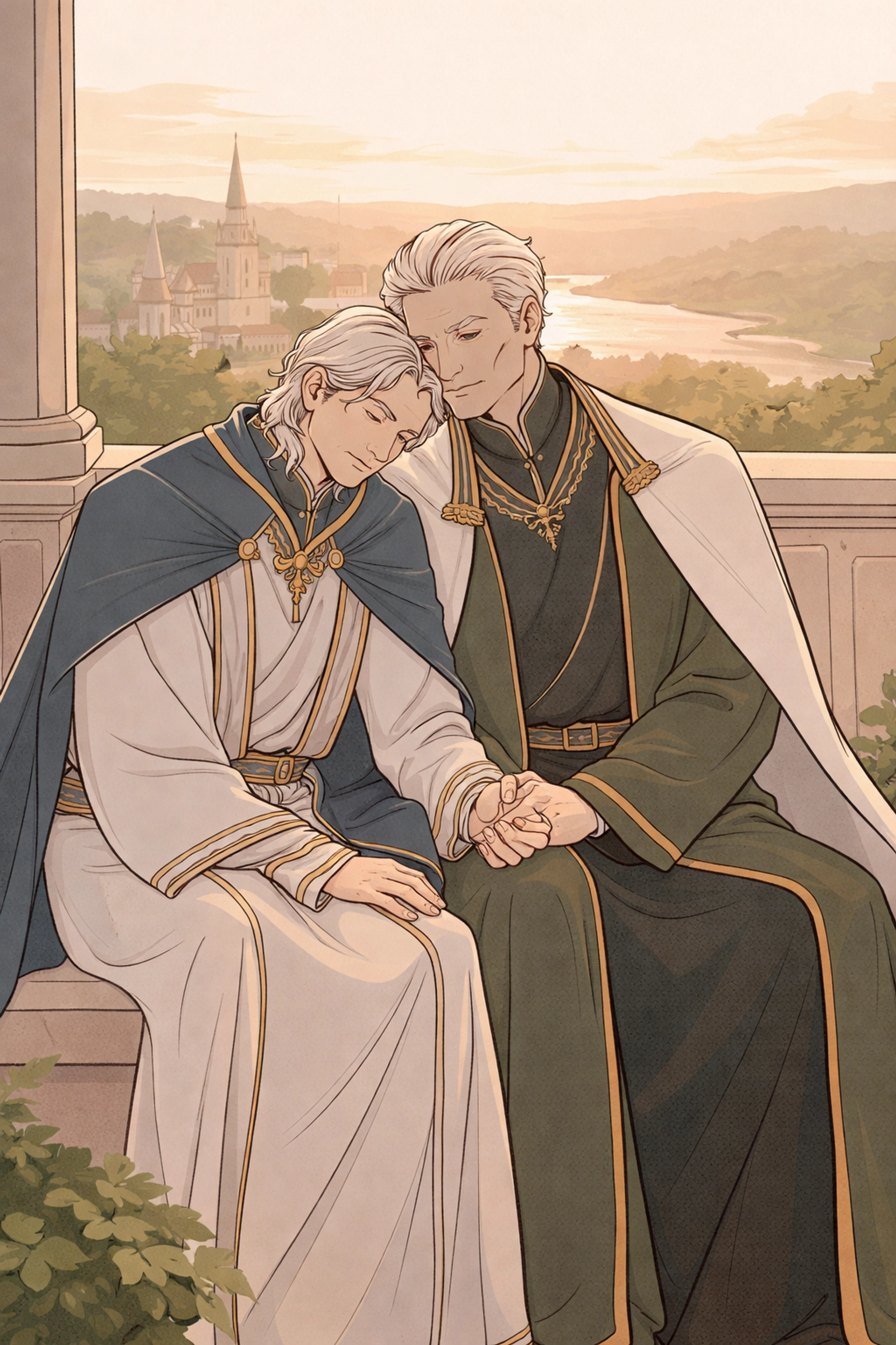An older male couple sits hand-in-hand on a balcony at sunset, overlooking their peaceful kingdom, representing enduring MM love and legacy in gay romance novels.