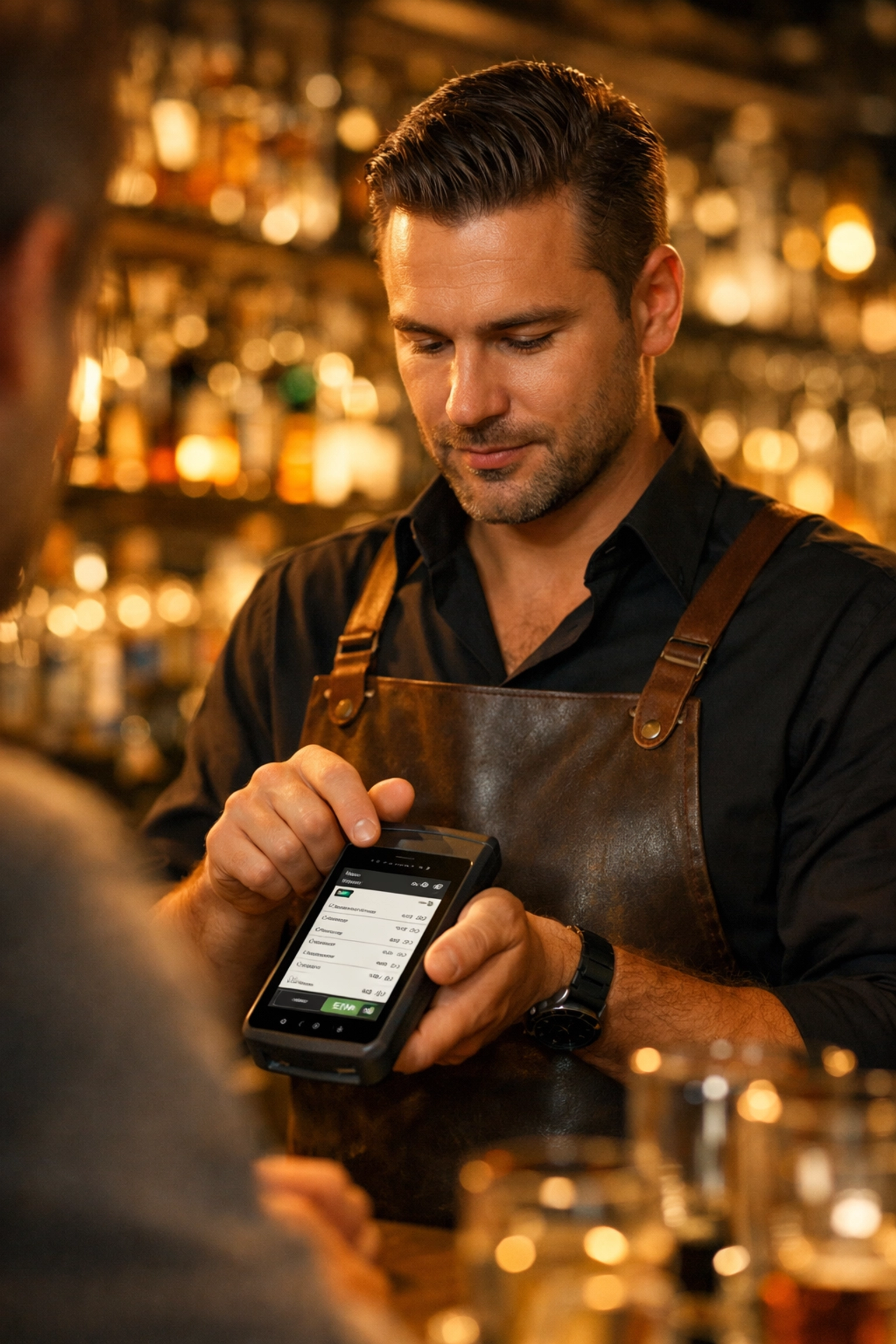 Toast POS handheld device being used by bartender taking orders in bar