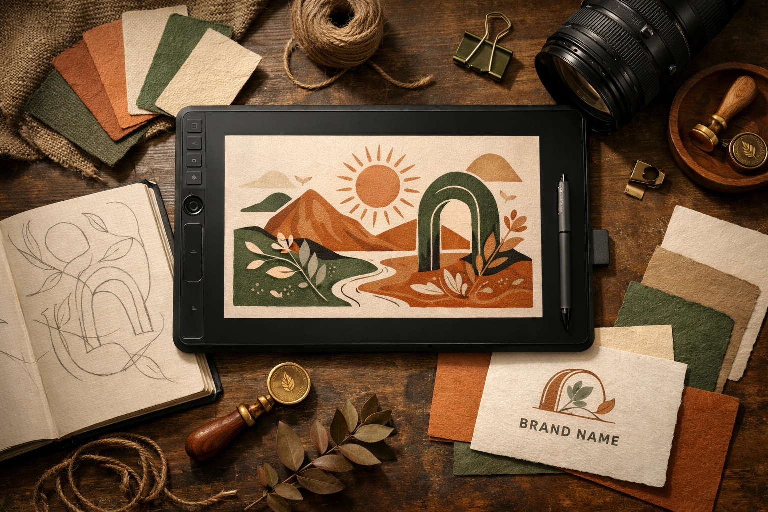 Creative branding and graphic design elements for North Wales SMEs on a professional workspace.