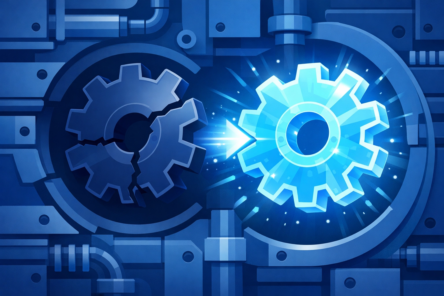 Glowing digital gear replacing a broken one representing seamless business continuity and uptime.