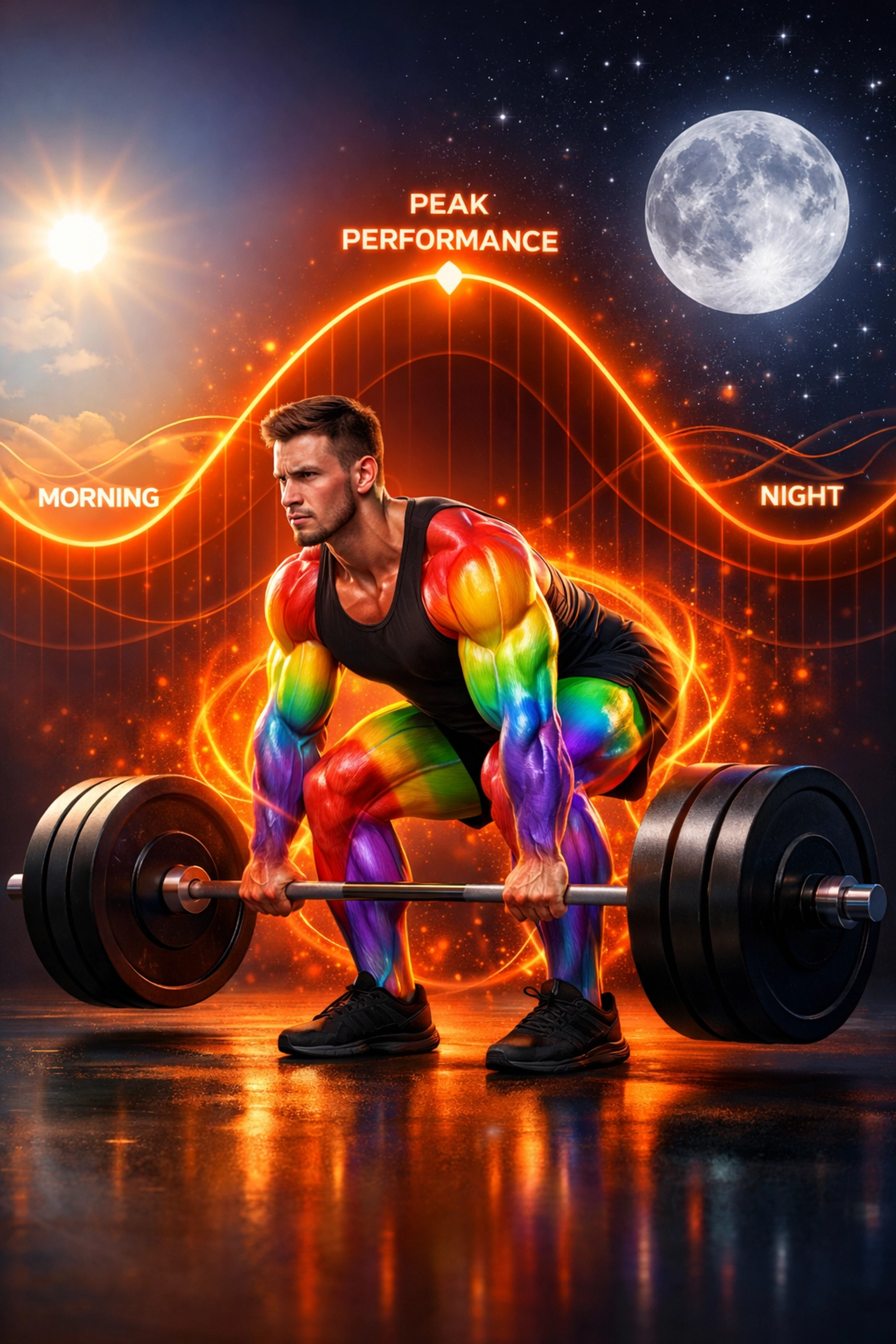 Male athlete performing deadlift showing peak evening muscle performance