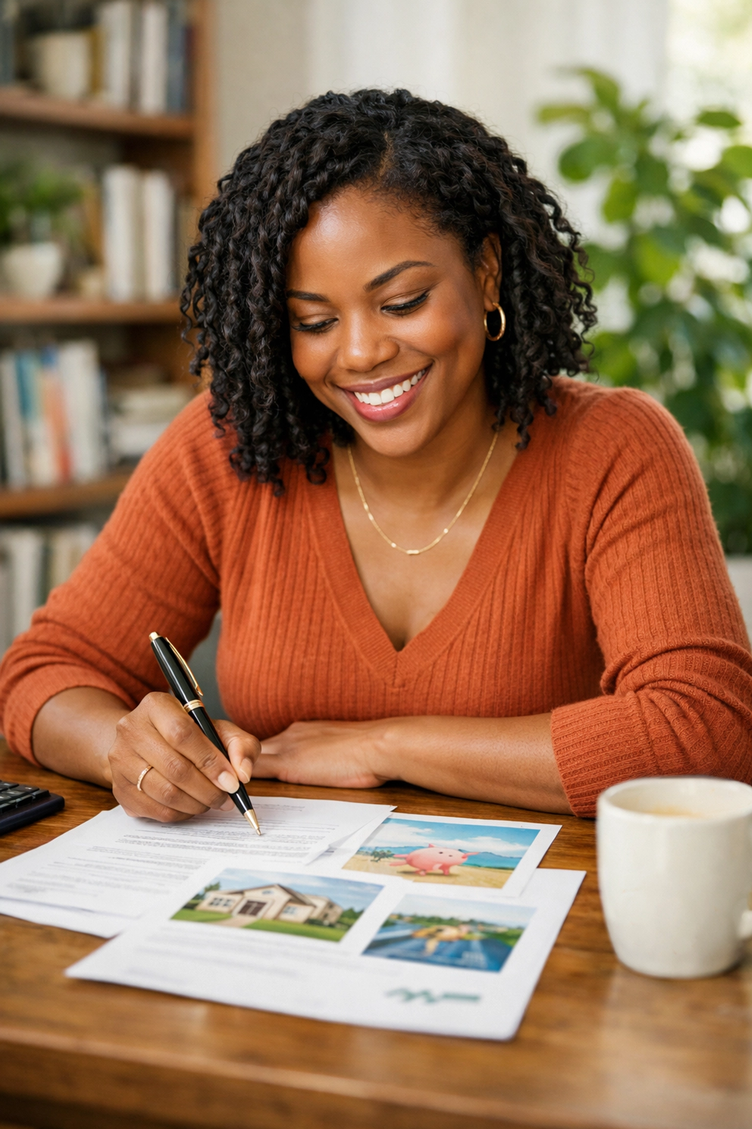 A confident Black woman plans her family's future at her desk, showcasing empowerment through NJ support services.