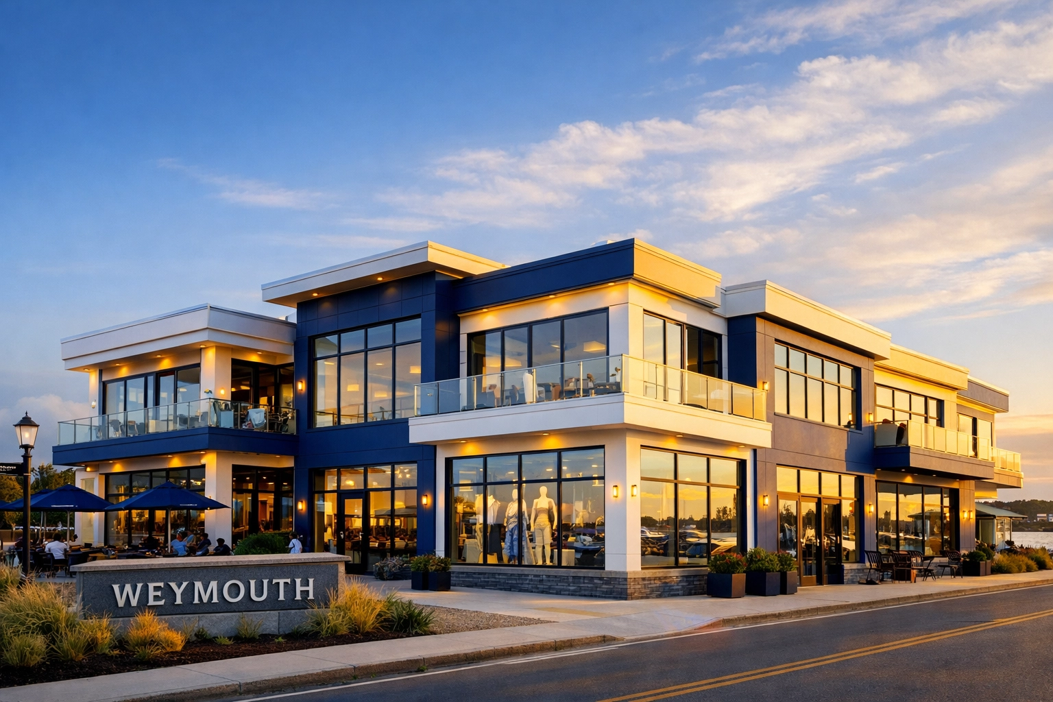 A professional Weymouth commercial property with clean glass windows reflecting a well-maintained exterior.