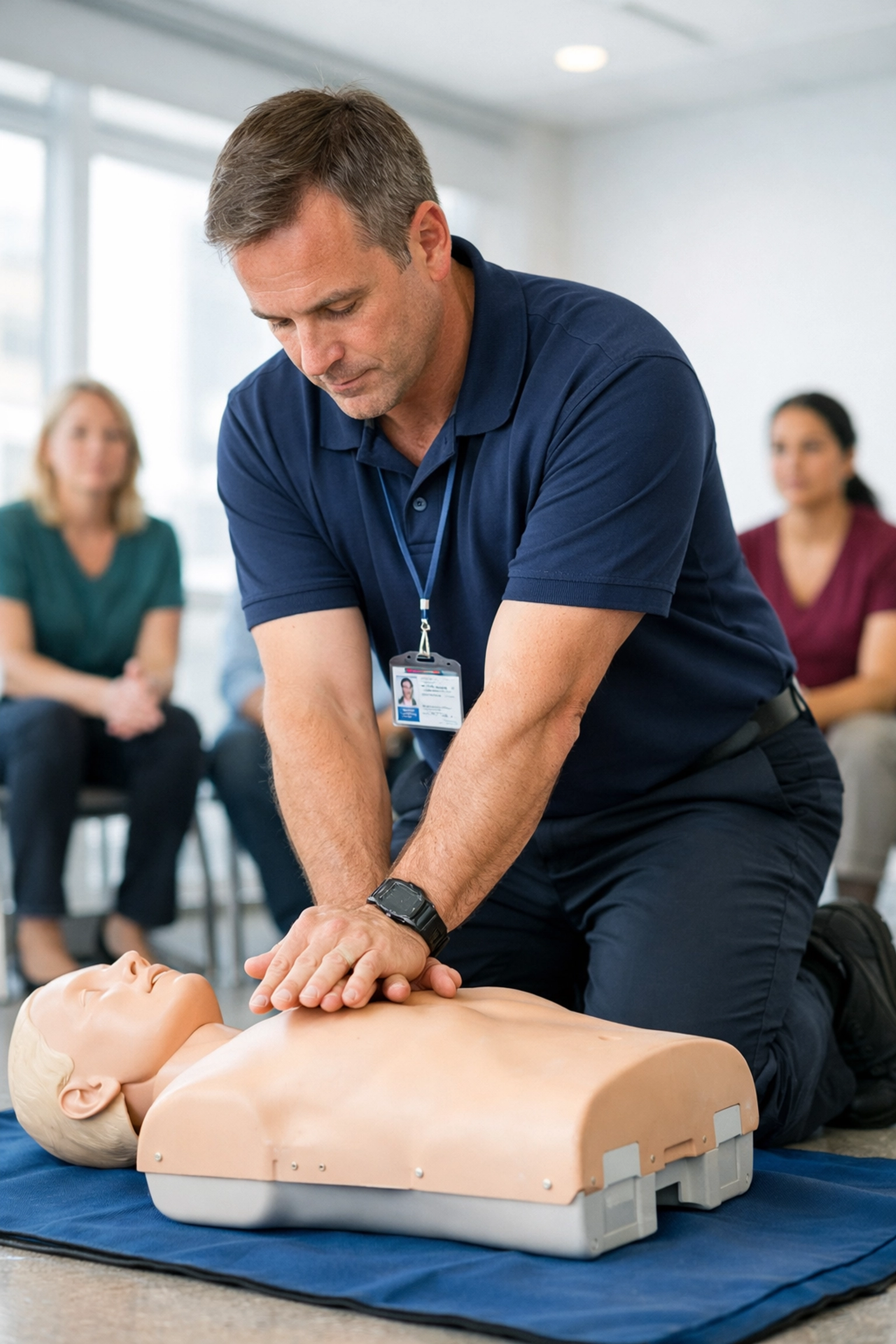 First aid instructor demonstrating CPR chest compressions in Norwich training course