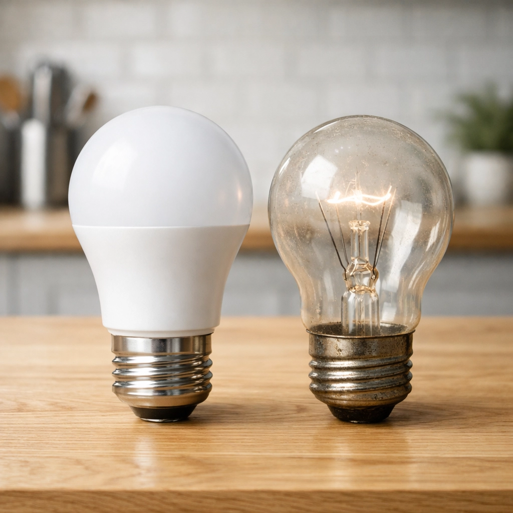 Modern LED bulb vs old filament bulb illustrating energy savings by an electrician in Dorset.