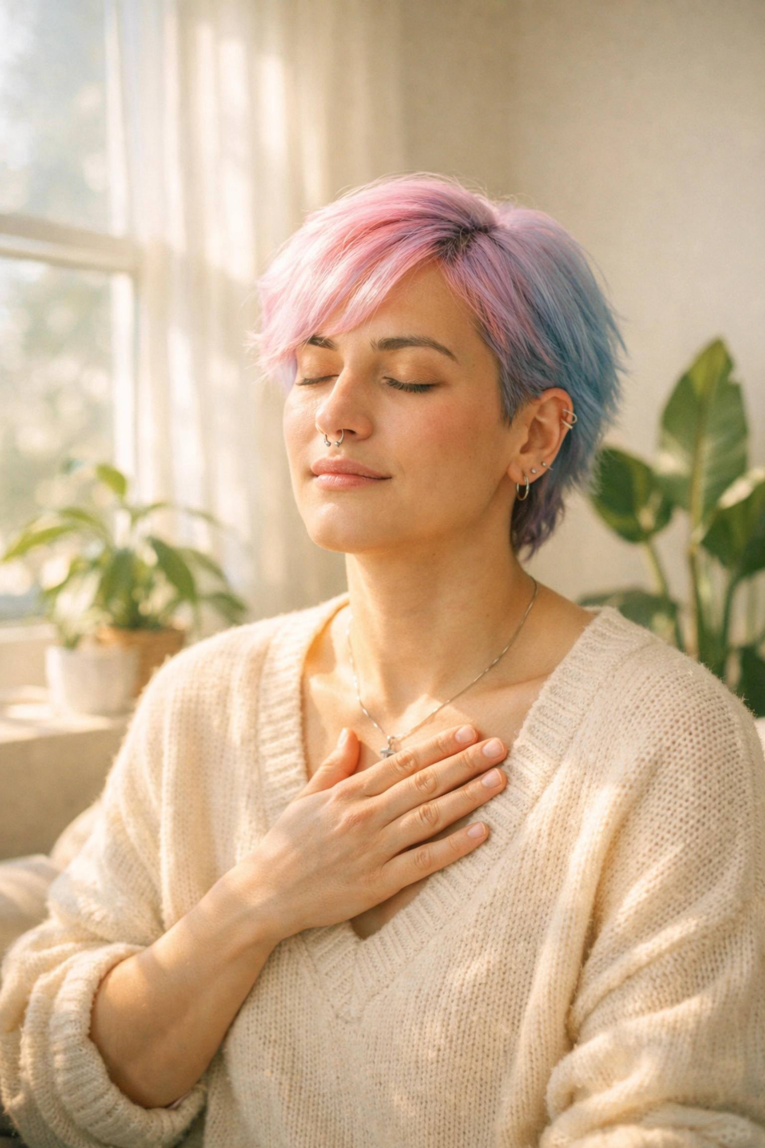 A non-binary person reflecting in a sunlit room, symbolizing queer healing and self-compassion.