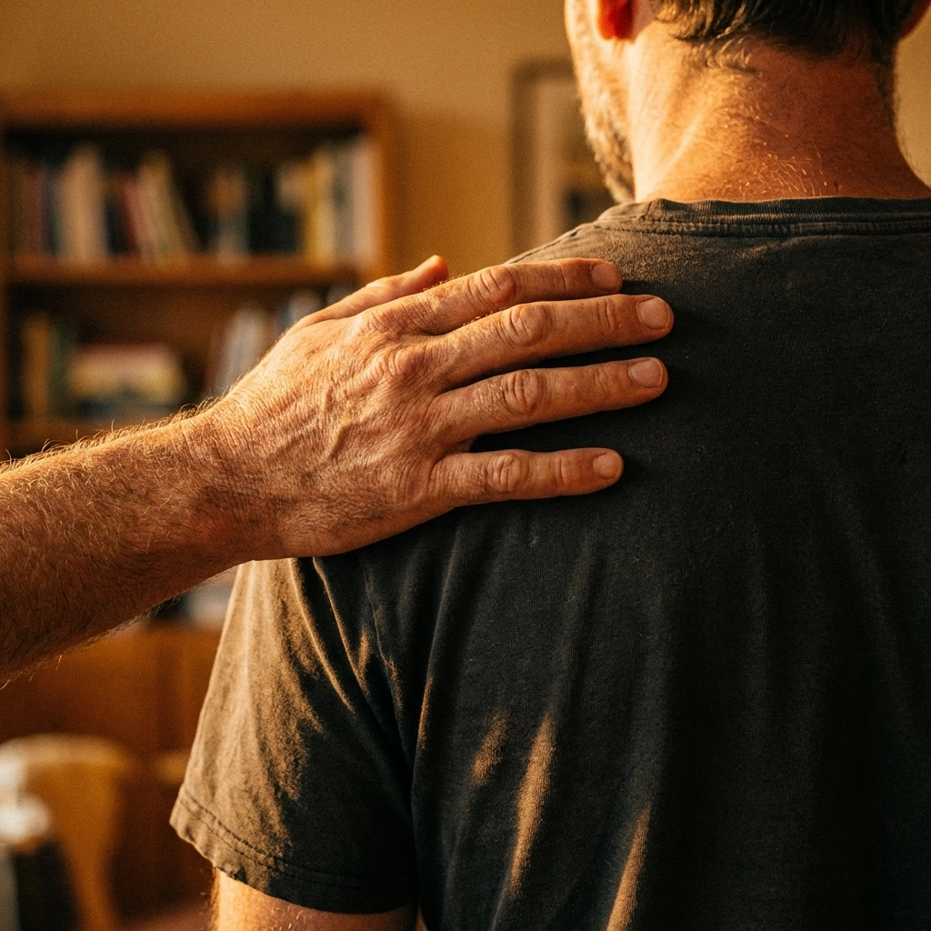 Intimate first touch between two men, hand gently grazing shoulder in gay romance moment