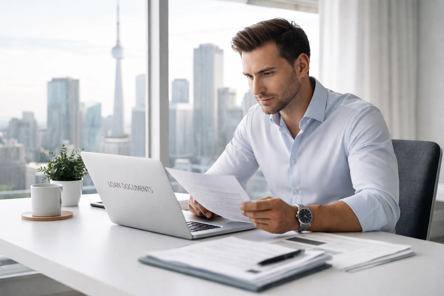 Canadian entrepreneur reviewing business loan options at a modern office desk