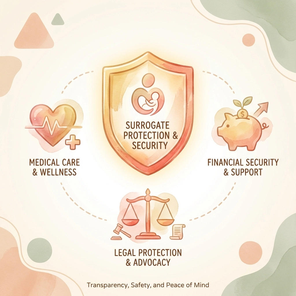 Infographic showing surrogate insurance protection with icons for medical, legal, and financial surrogacy security