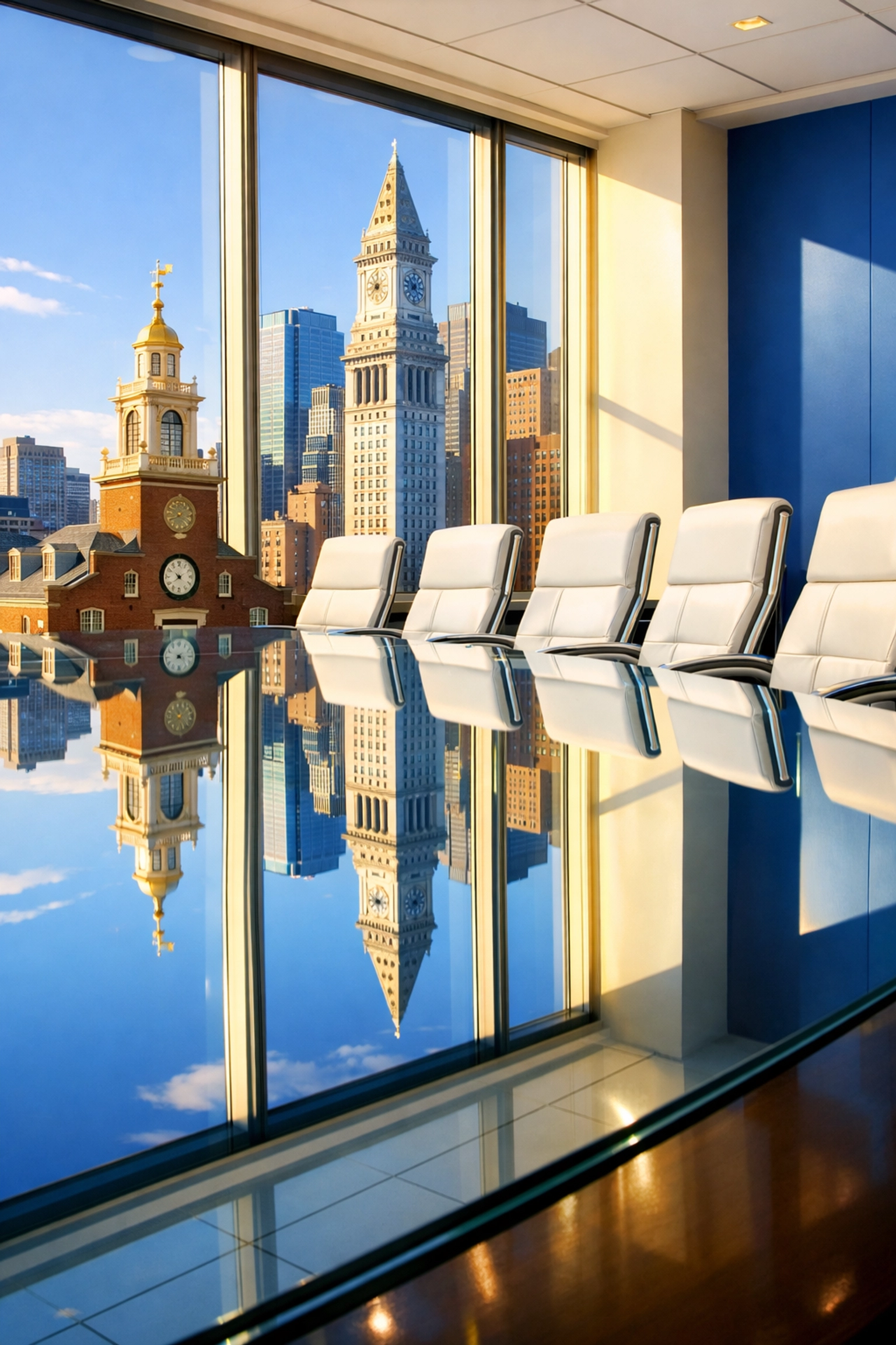 Polished glass boardroom table demonstrating professional white label cleaning services in Boston.