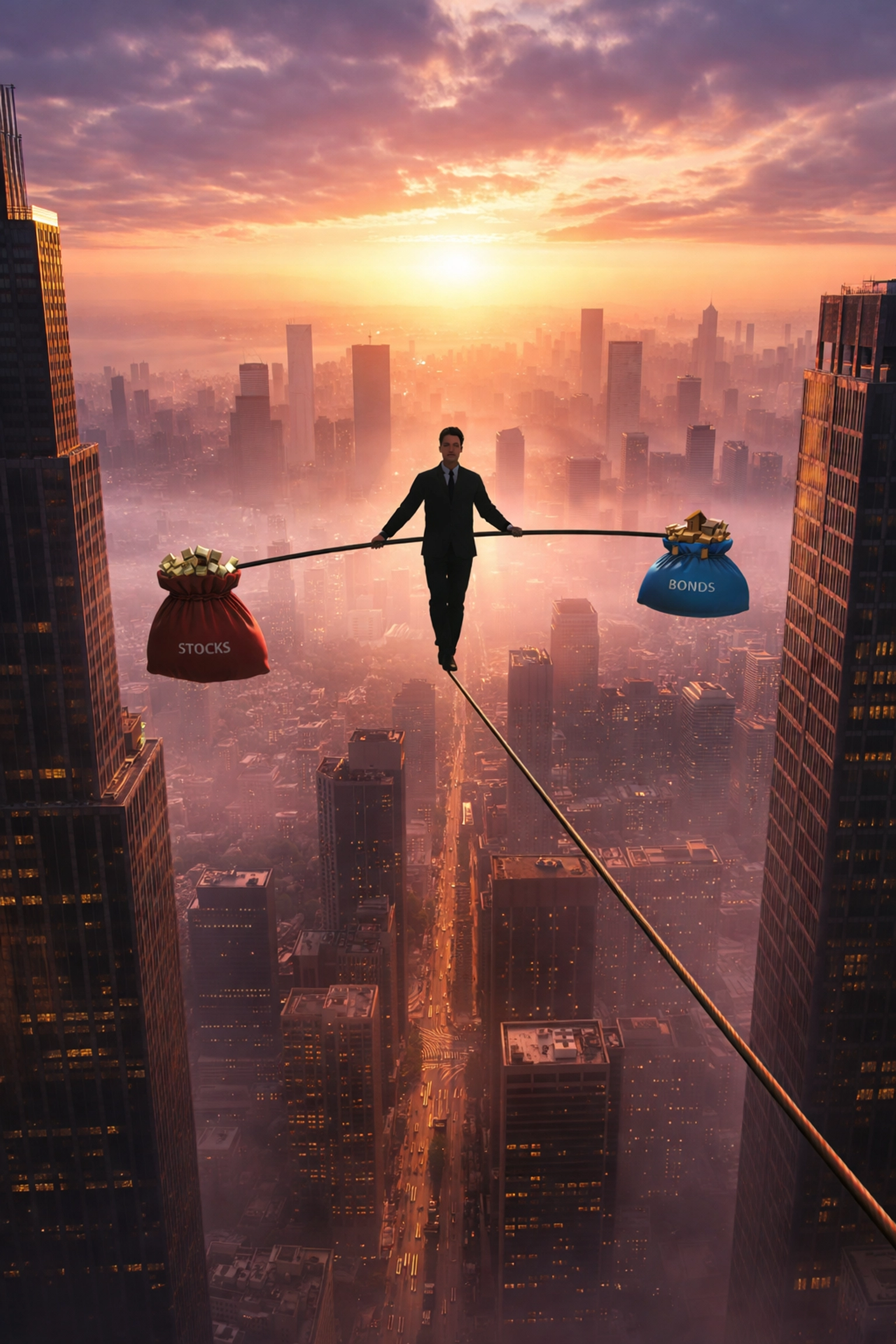 Tightrope walker balancing various assets, illustrating risk management in investment diversification