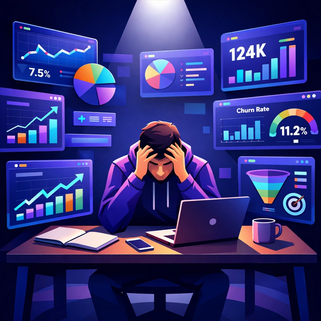 SaaS founder overwhelmed by multiple RevOps dashboards showing data overload