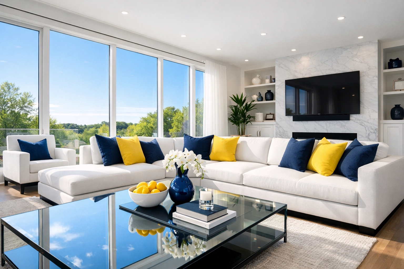 Pristine luxury living room in Natick MA showing the benefits of consistent weekly house cleaning for air quality.