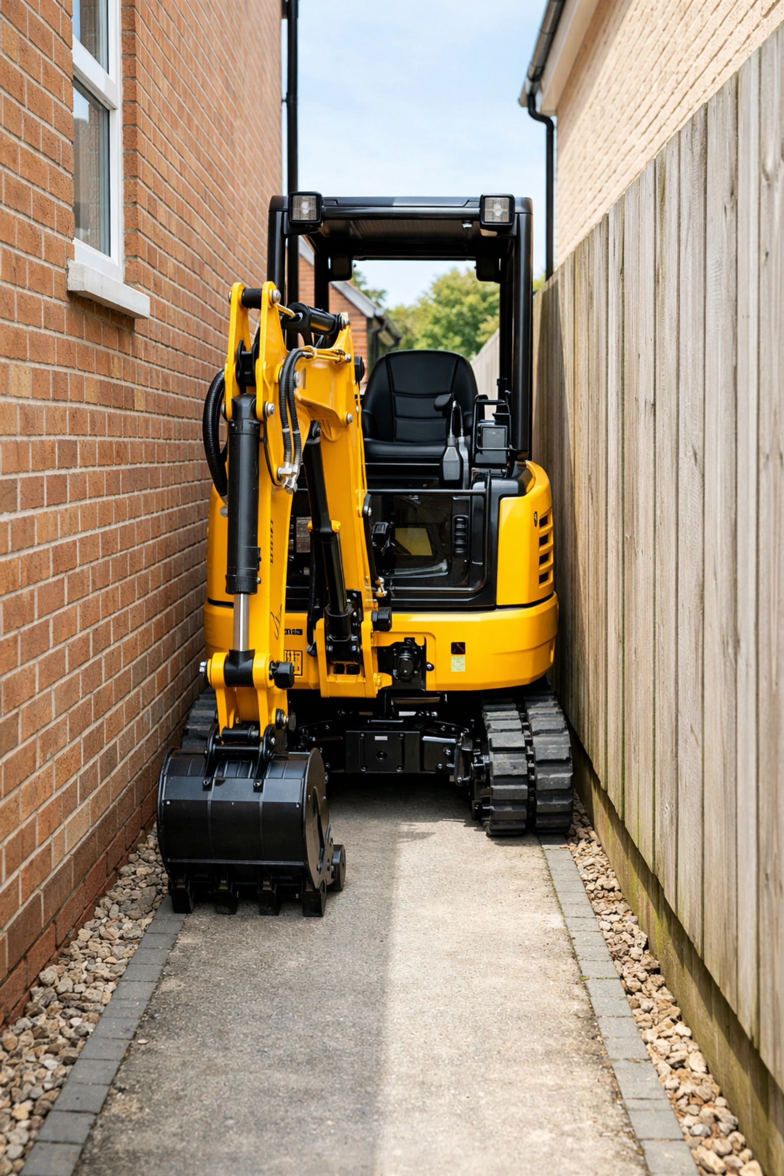 Compact micro digger navigating a narrow side access path for a home extension project.