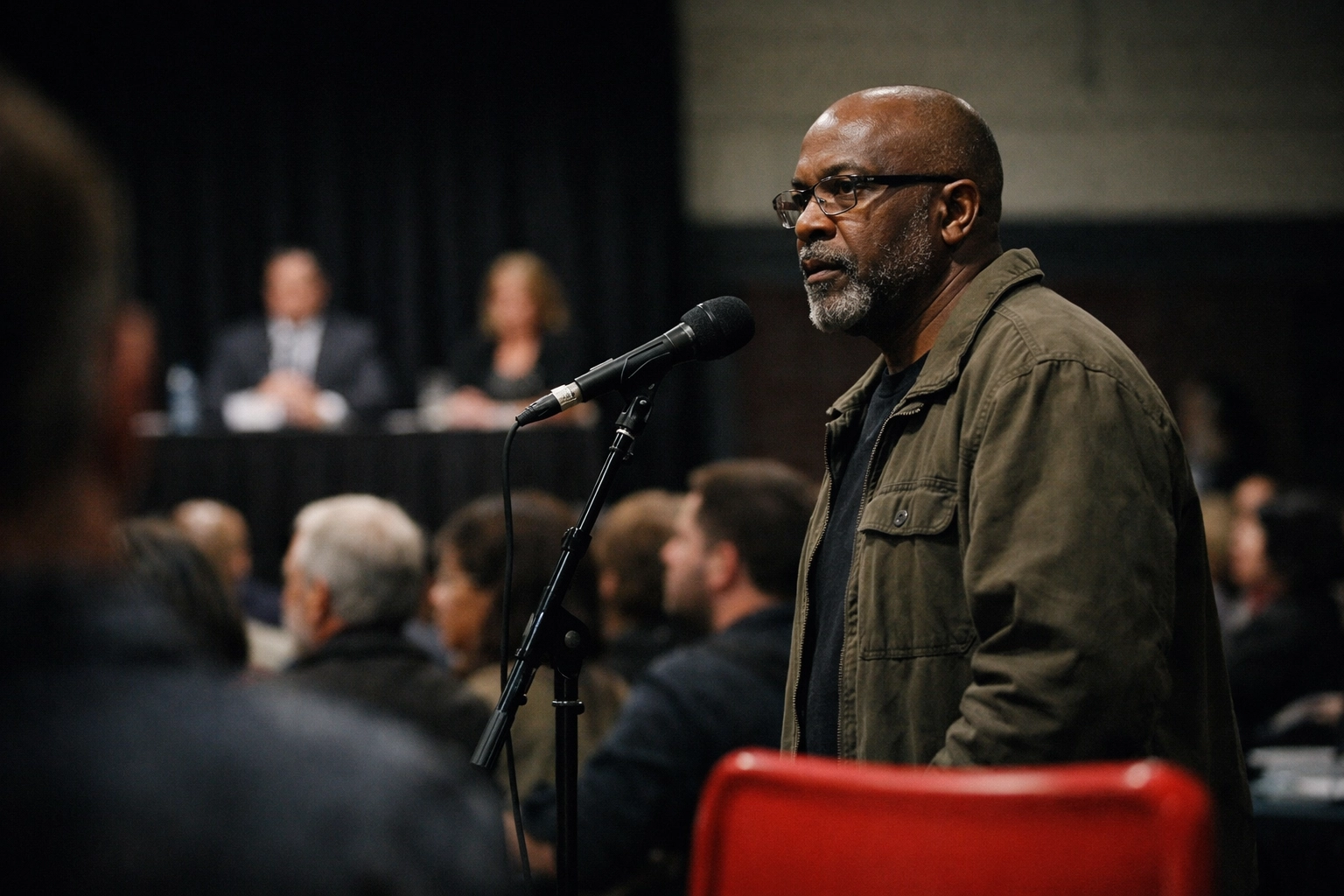 Residents attend a community town hall meeting to discuss local housing and immigration policy impacts.