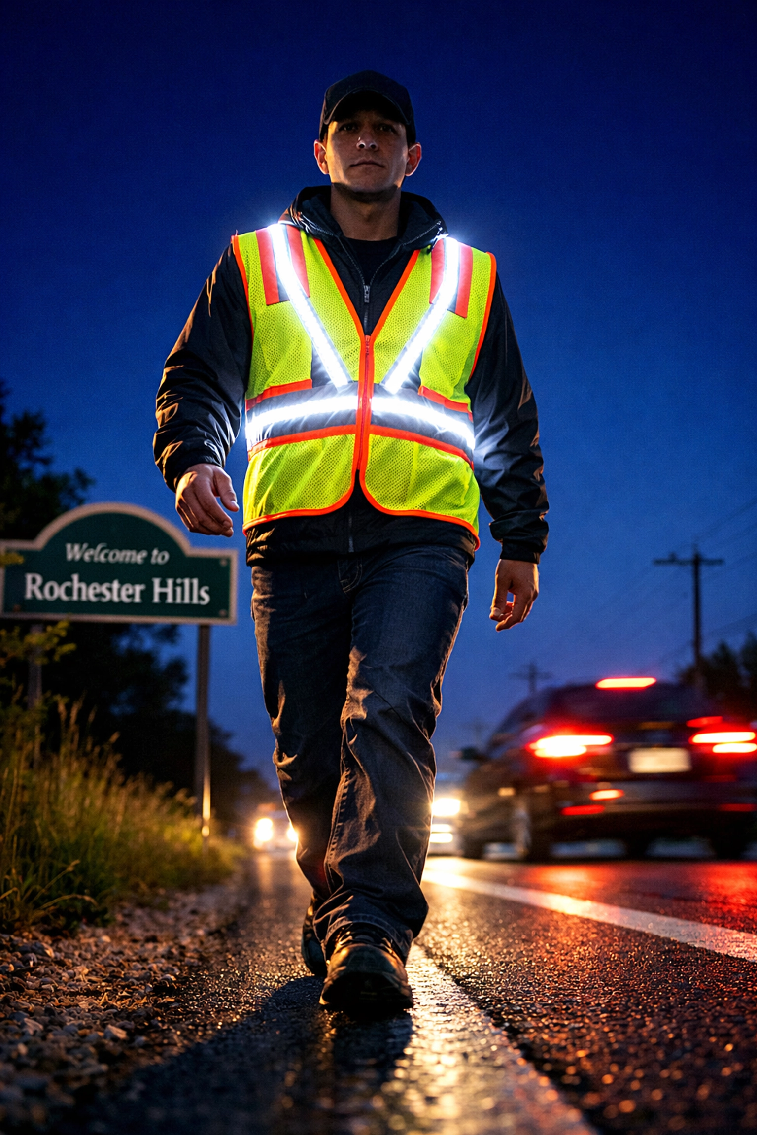 Yellow safety vest with integrated white LEDs worn by a pedestrian in Rochester Hills for enhanced night road visibility.