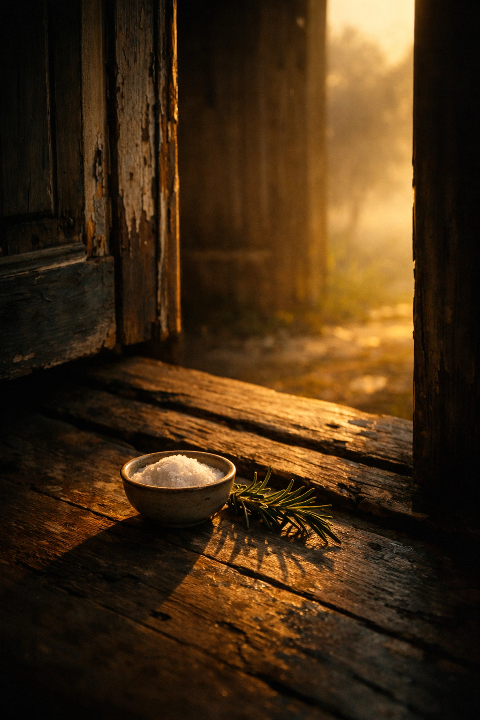 Threshold blessing with salt and rosemary for spring folk magic protection