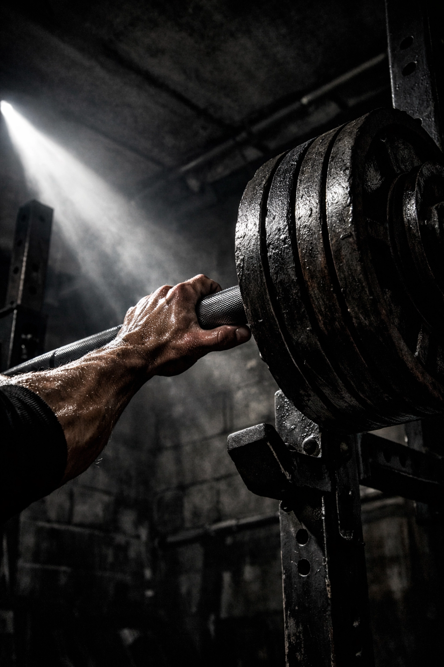 Heavy barbell on a rack, highlighting strength training for effective fat loss.