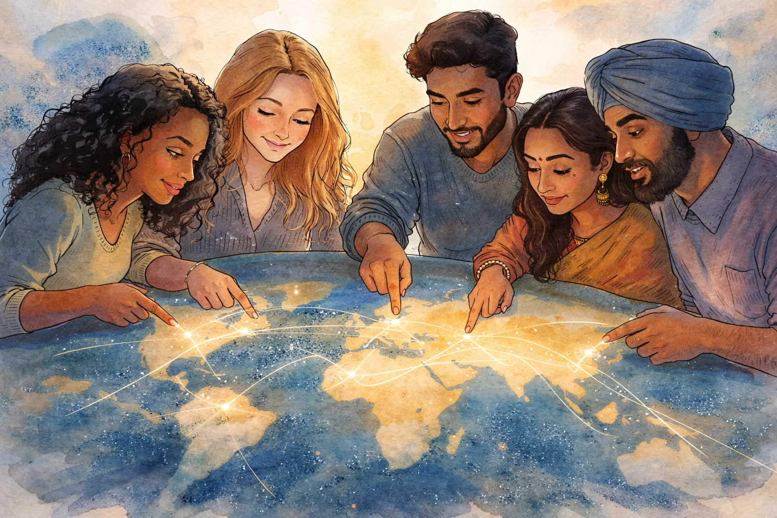 Ilustración de varios grupos reunidos alrededor de un mapa brillante, que simboliza el hallazgo de una comunidad en Boundless Online Church.