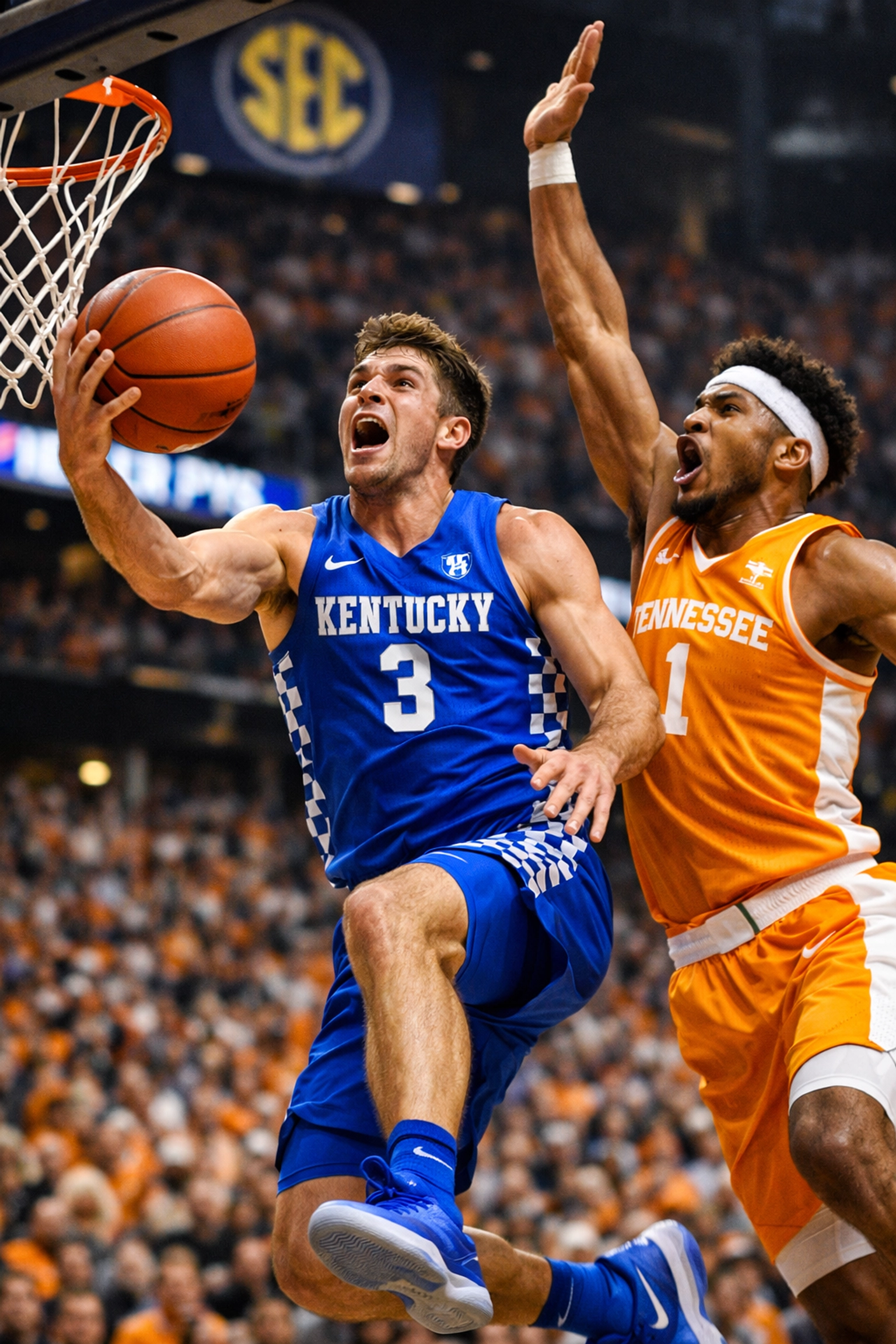 Kentucky and Tennessee players in high-intensity SEC basketball action showing tournament athleticism.