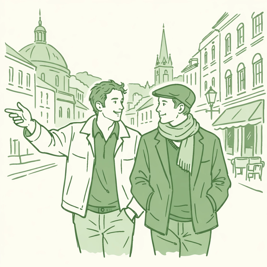 Two men exploring European city in historical MM romance setting