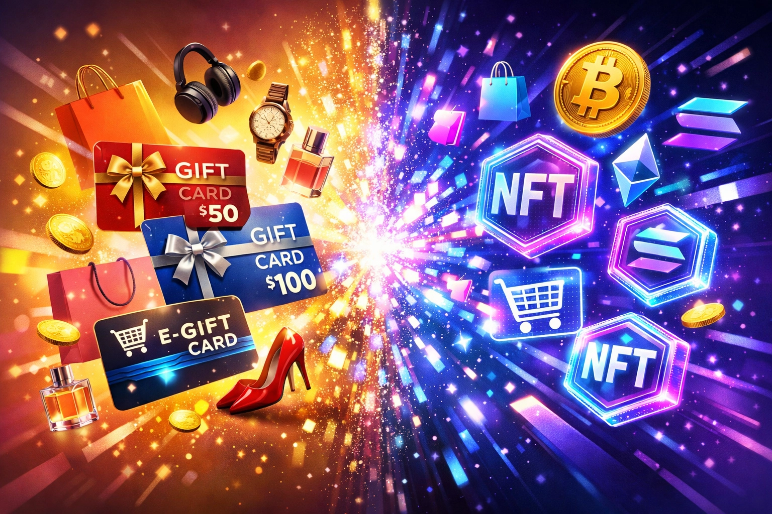 Traditional gift cards transforming into blockchain NFT tokens for crypto commerce
