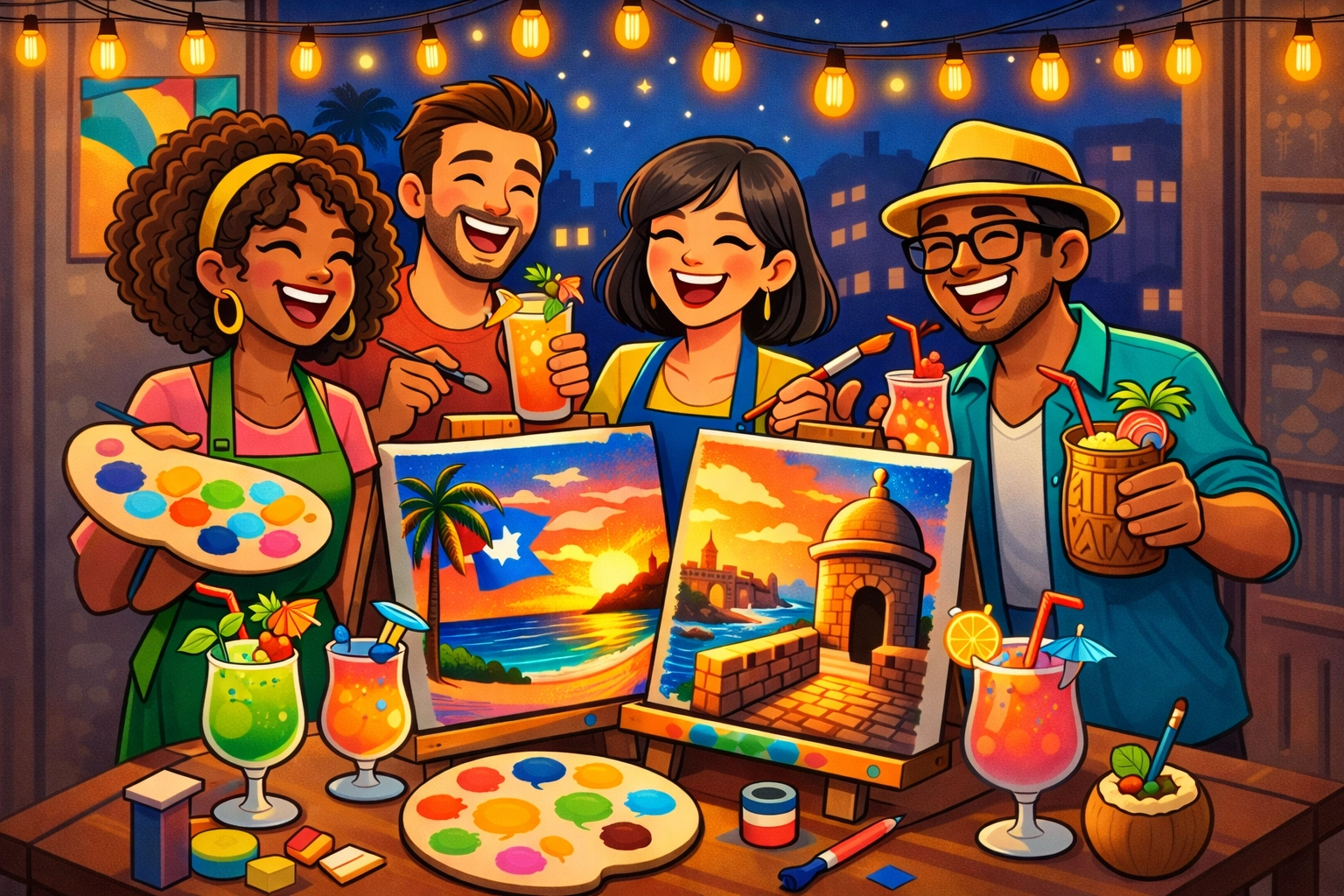 Friends enjoying paint and sip class in San Juan with rum-inspired cocktails and tropical paintings