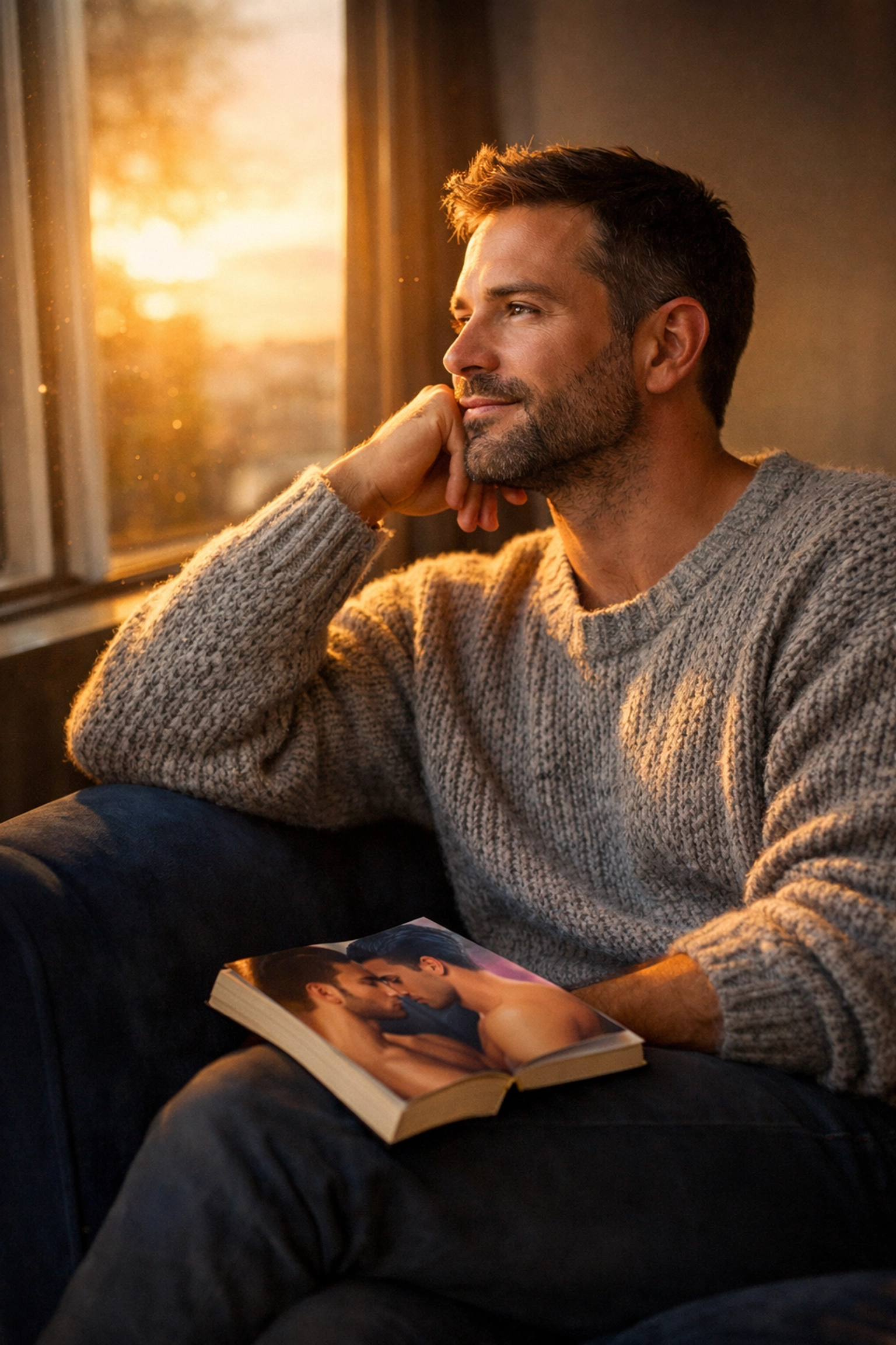 A man in his 30s reflecting on his identity while reading a bisexual awakening MM romance novel at home.