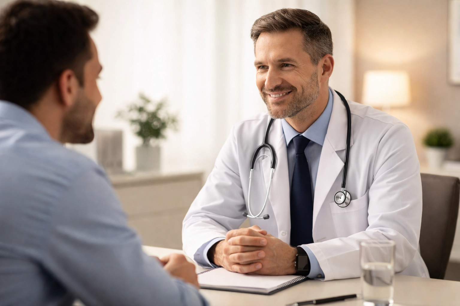 Male doctor and patient having a supportive conversation in a warm, professional medical office.