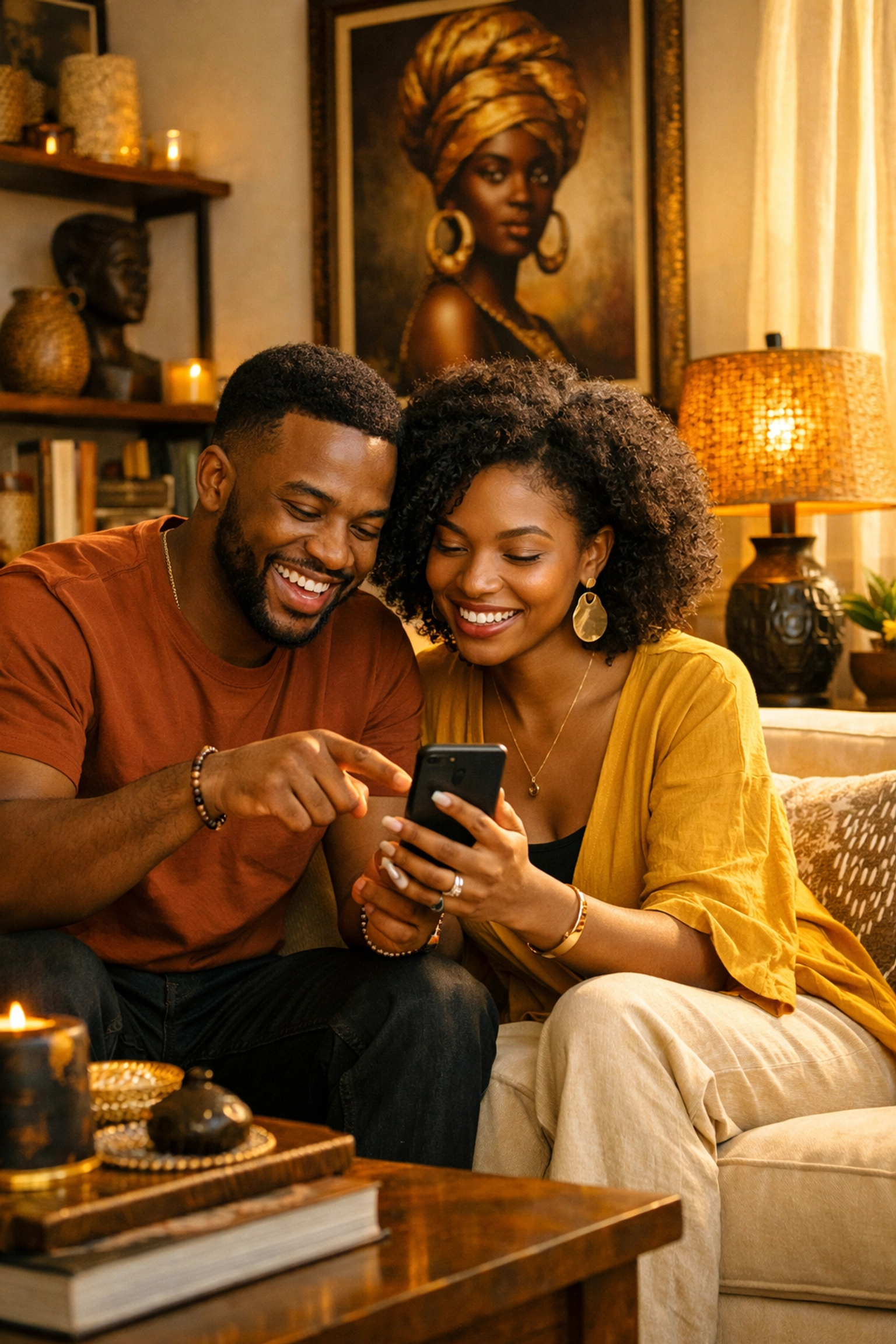Black Commerce Matters: Why Your Choice to Buy Black is Rebuilding History A young Black couple shopping together at a Black-owned online boutique on their phone.