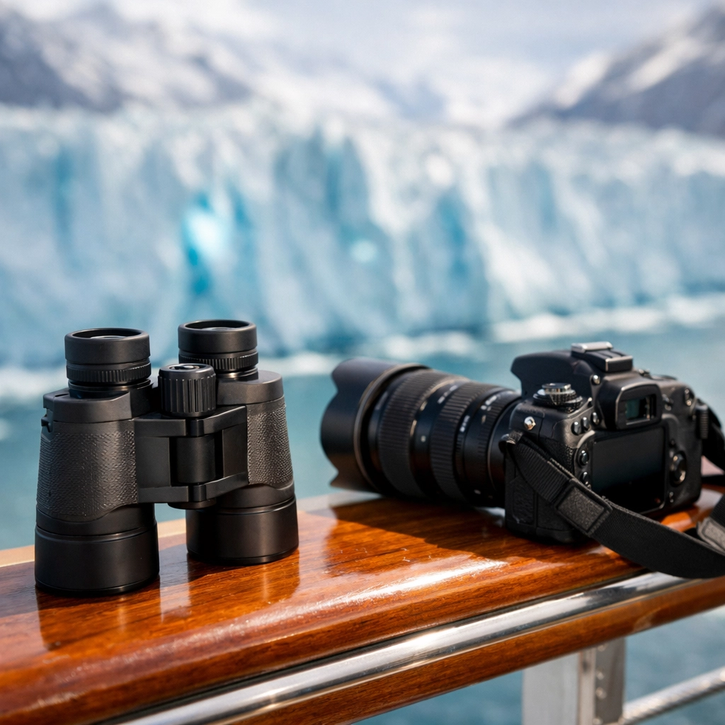 Binoculars and a camera on a cruise ship deck overlooking a massive blue Alaska glacier.