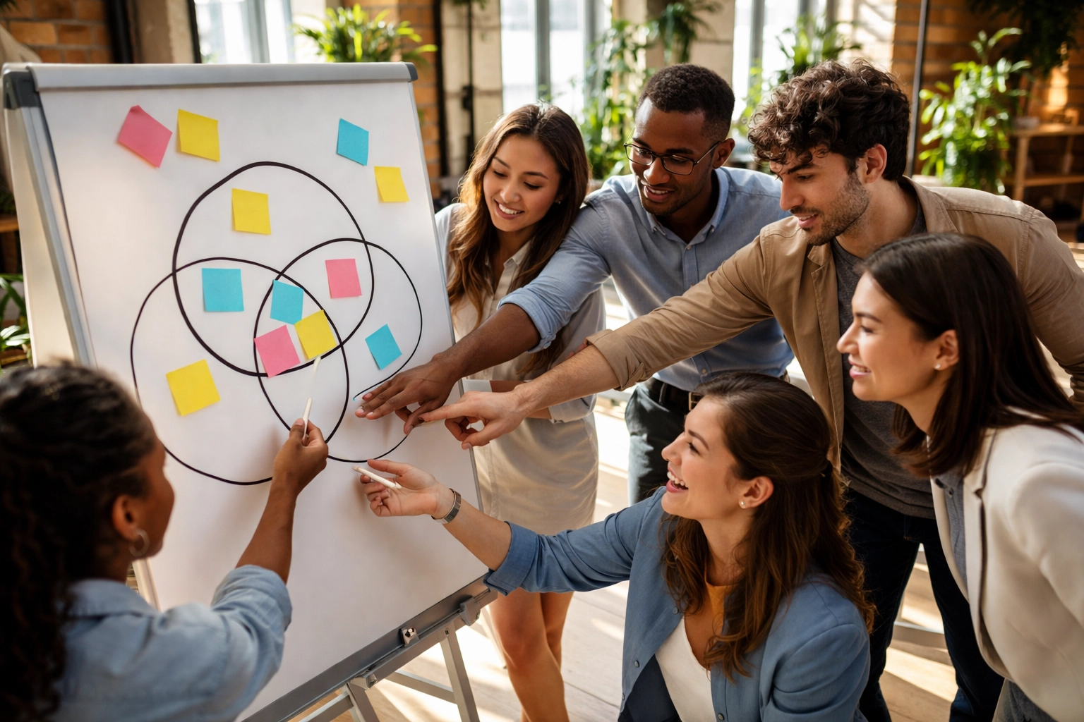 Diverse entrepreneurs collaborating around a whiteboard diagram illustrating USP strategy in a modern co-working space