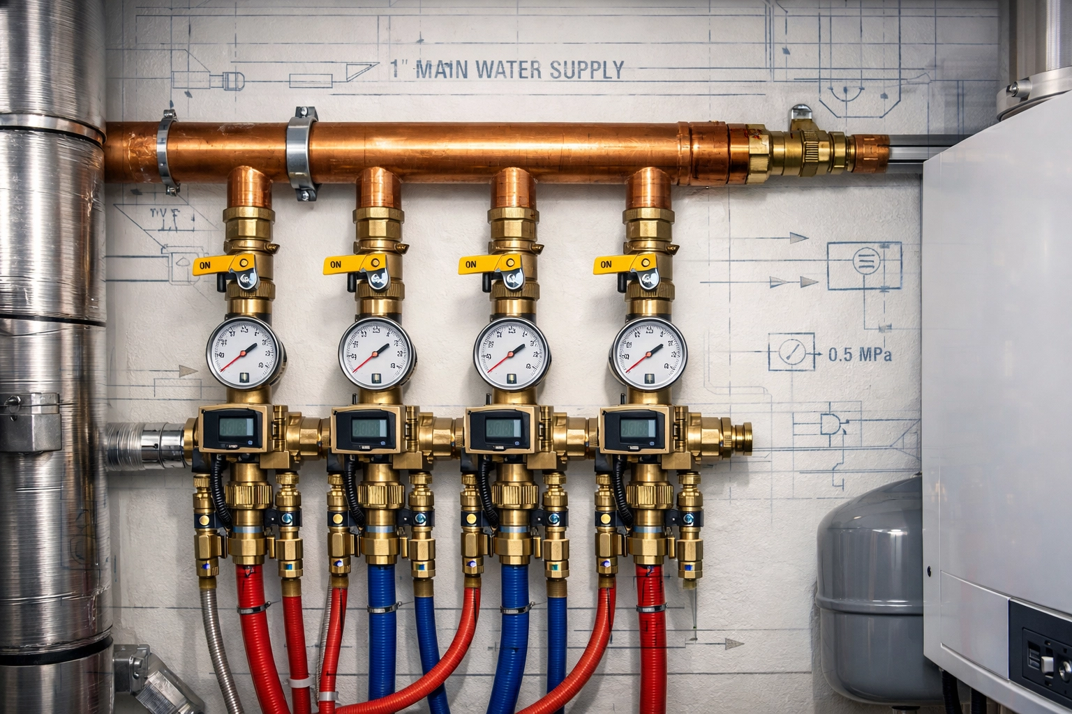 Water manifold system with individual meters in an Ontario 4-plex residential mechanical room.